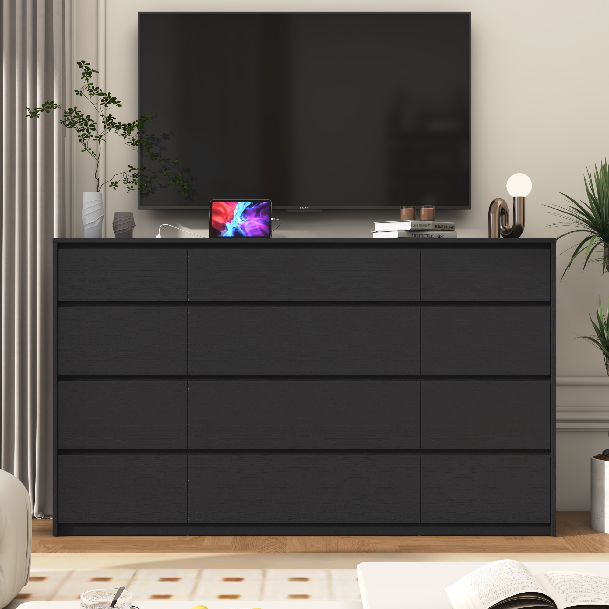 ChVans Black Dresser with Charging Station for Bedroom, 63" Modern Wood 9 Dresser with Wide Drawers, Long Dresser for Bedroom, Living Room, Entryway, Hallway