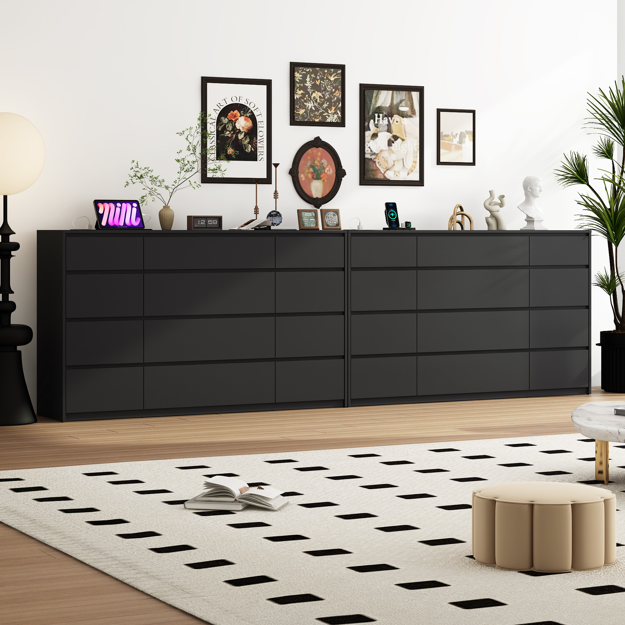 ChVans Black Dresser with Charging Station for Bedroom, 63" Modern Wood 9 Dresser with Wide Drawers, Long Dresser for Bedroom, Living Room, Entryway, Hallway