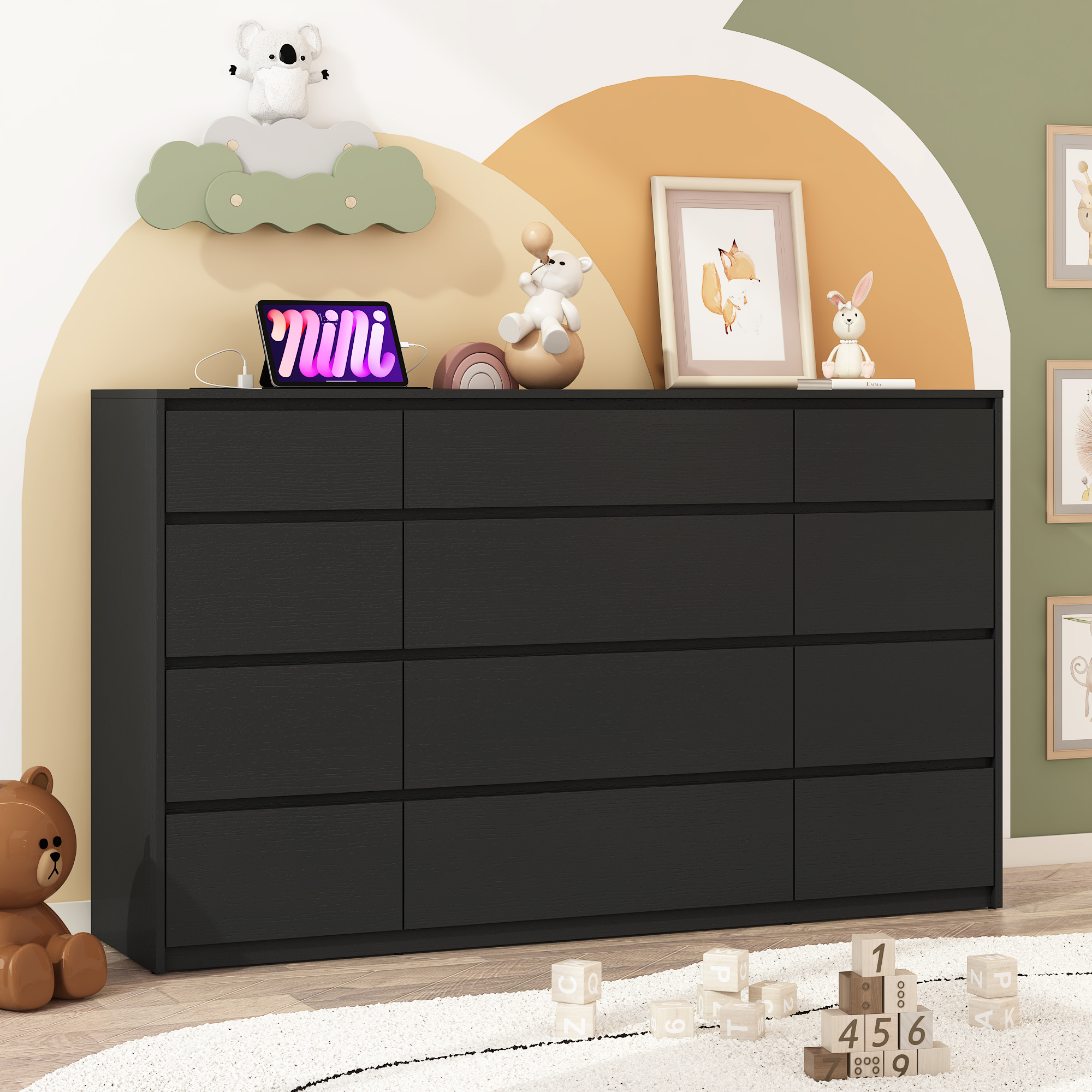 ChVans Black Dresser with Charging Station for Bedroom, 63" Modern Wood 9 Dresser with Wide Drawers, Long Dresser for Bedroom, Living Room, Entryway, Hallway