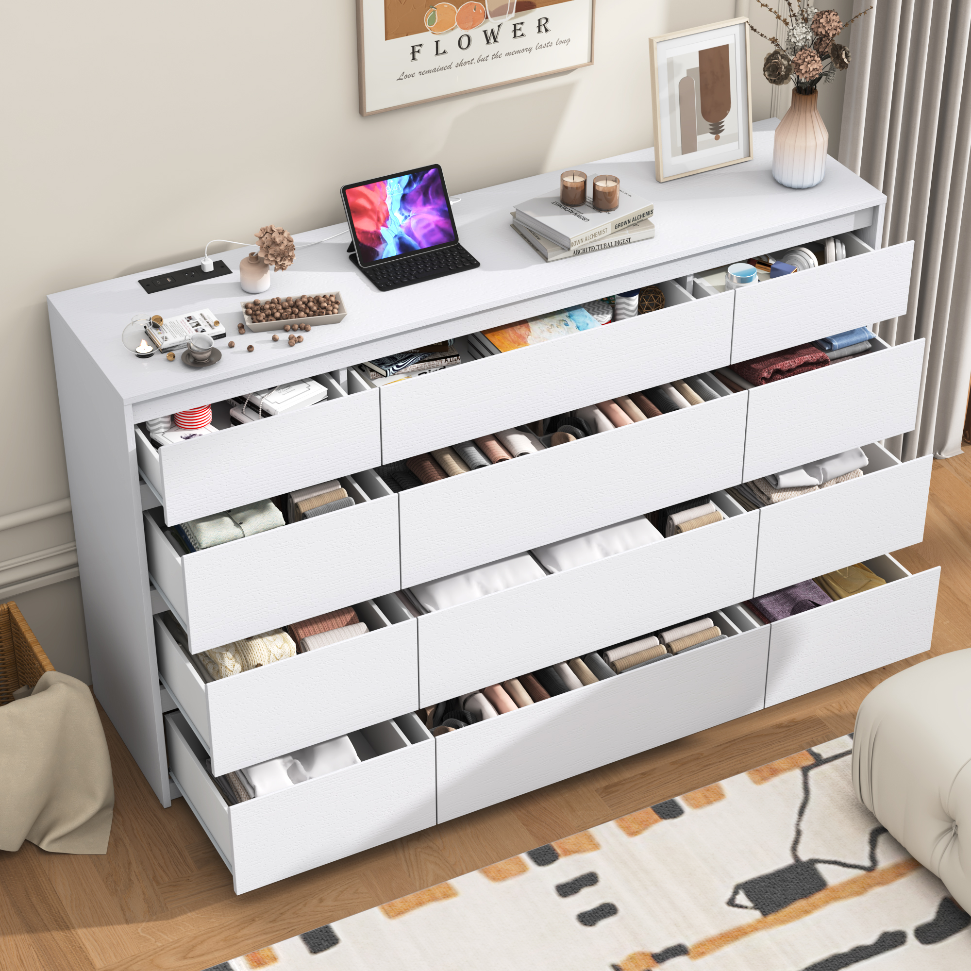 ChVans Black Dresser with Charging Station for Bedroom, 63" Modern Wood 9 Dresser with Wide Drawers, Long Dresser for Bedroom, Living Room, Entryway, Hallway