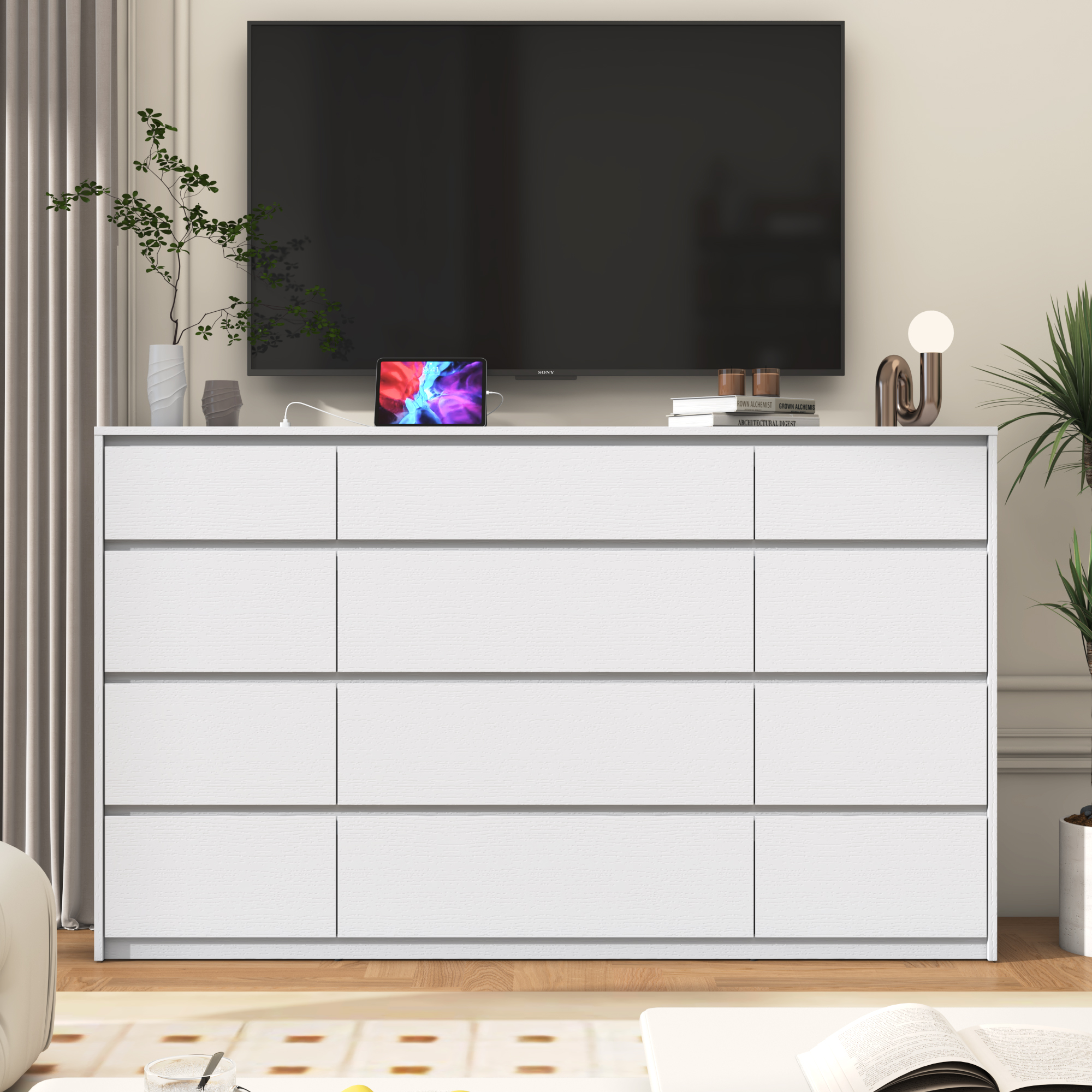 ChVans Black Dresser with Charging Station for Bedroom, 63" Modern Wood 9 Dresser with Wide Drawers, Long Dresser for Bedroom, Living Room, Entryway, Hallway