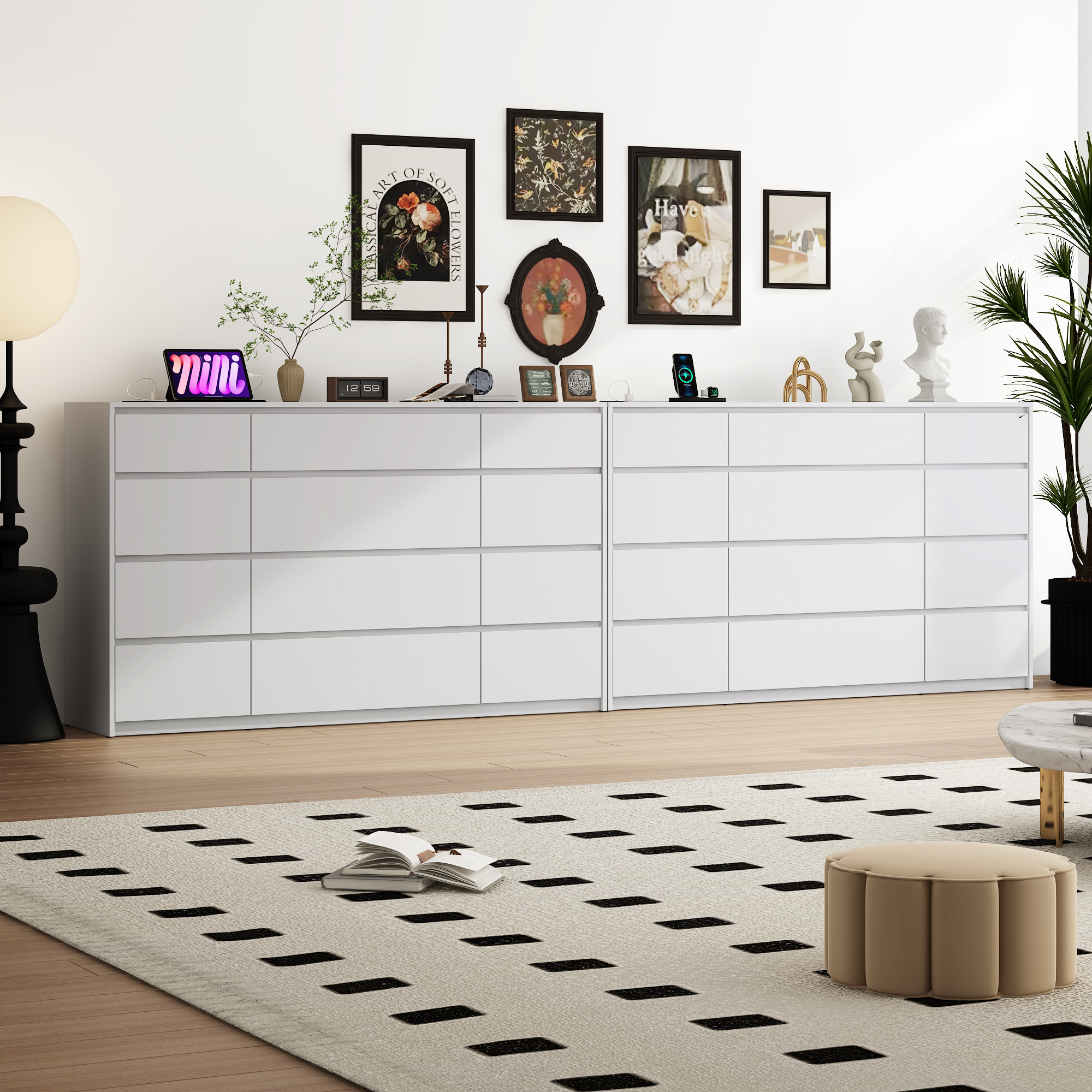 ChVans Black Dresser with Charging Station for Bedroom, 63" Modern Wood 9 Dresser with Wide Drawers, Long Dresser for Bedroom, Living Room, Entryway, Hallway