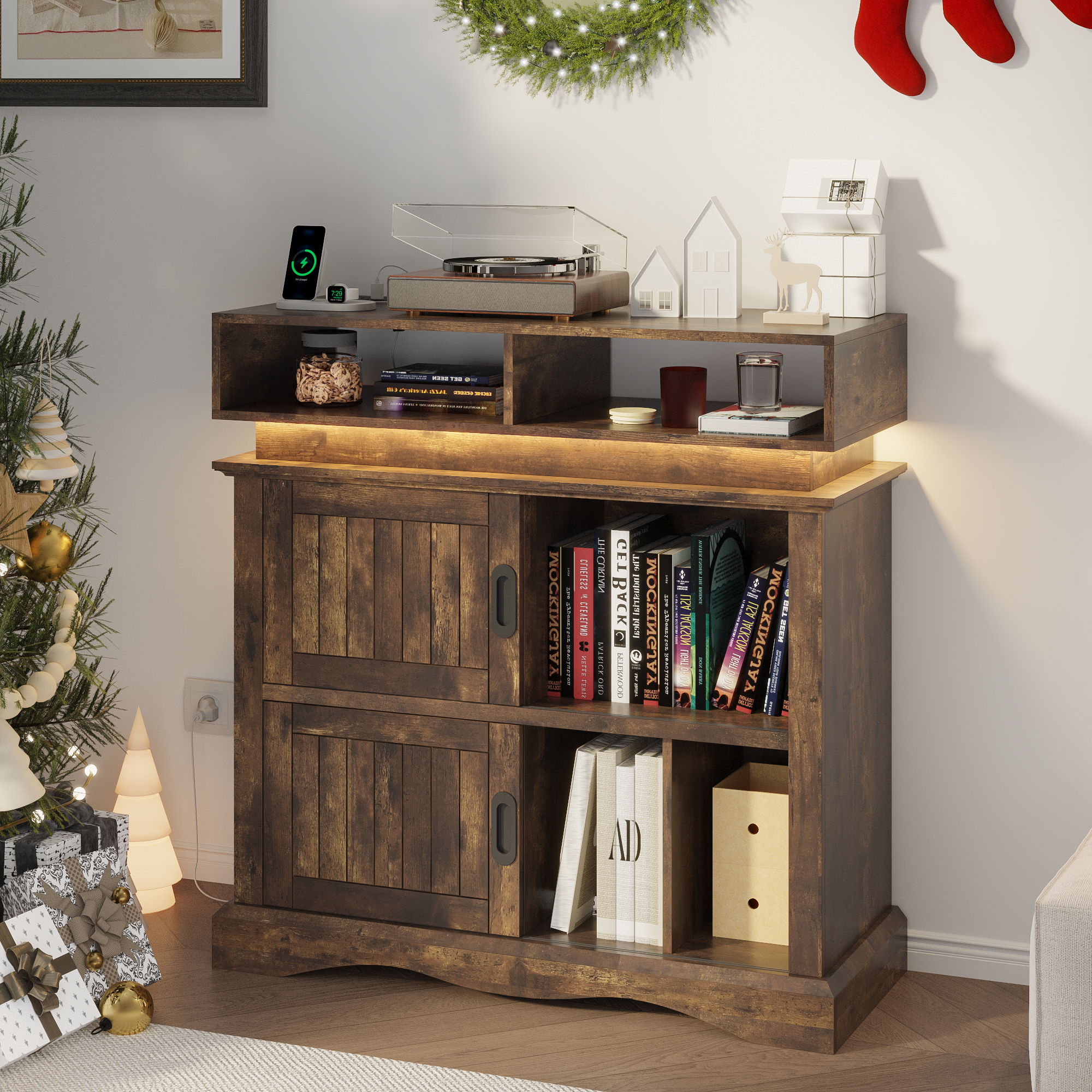 ChVans Record Player Stand with Storage & LED Lights, 15.7" D x 39.4" W x 40" H, Vinyl Record Storage Cabinet with Power Outlet & Sliding Doors Up to 450 Albums for Living Room, Walnut