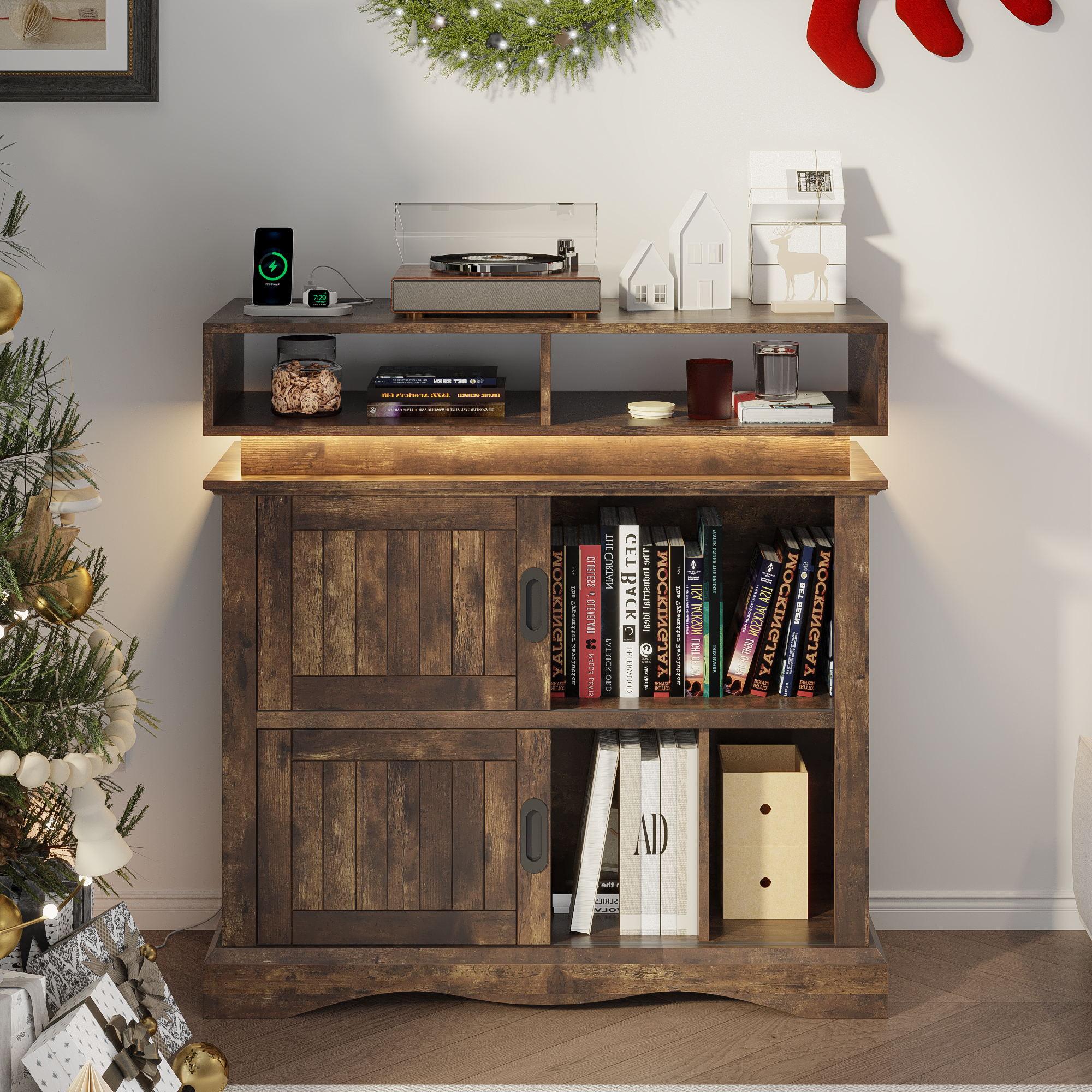 ChVans Record Player Stand with Storage & LED Lights, 15.7" D x 39.4" W x 40" H, Vinyl Record Storage Cabinet with Power Outlet & Sliding Doors Up to 450 Albums for Living Room, Walnut