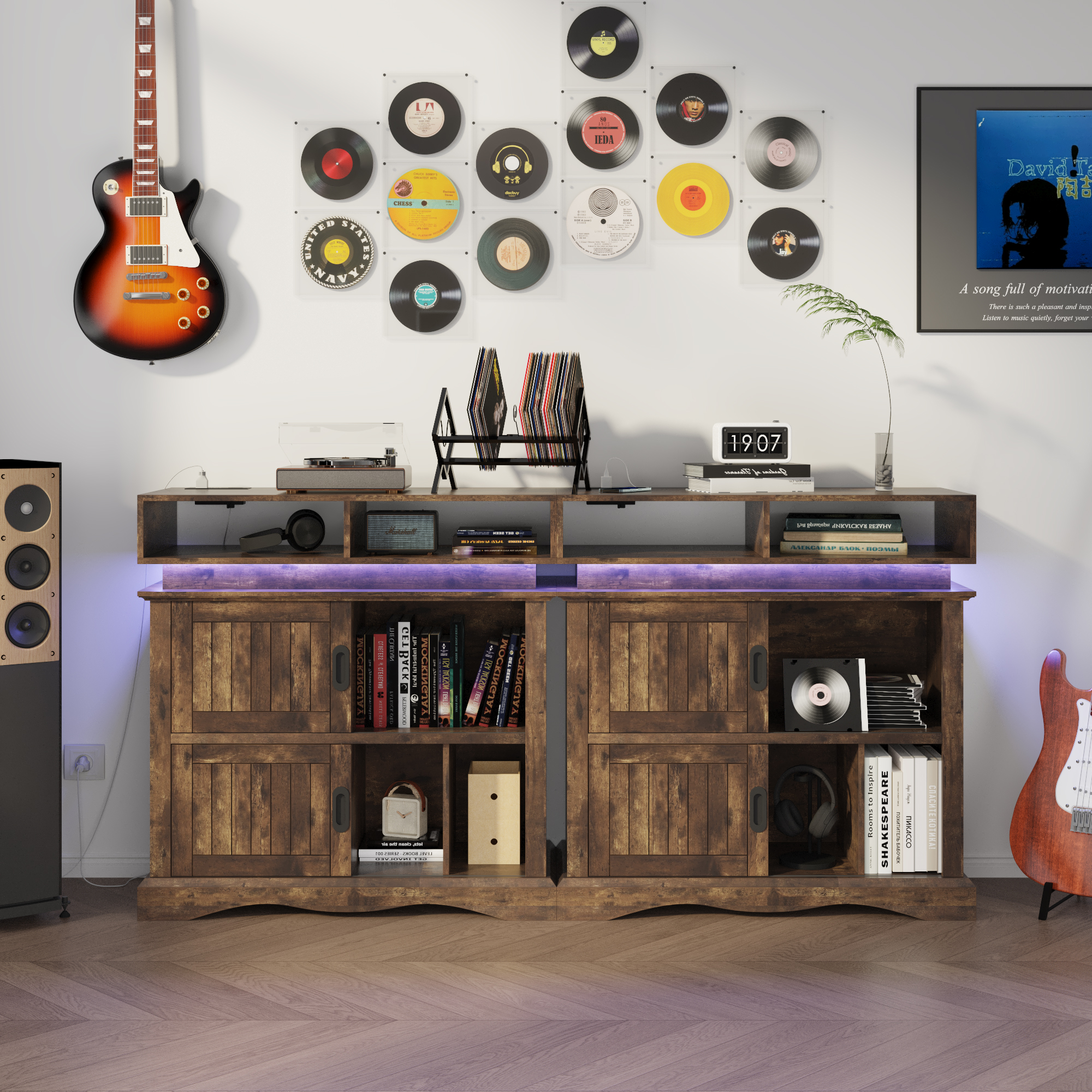 ChVans Record Player Stand with Storage & LED Lights, 15.7" D x 39.4" W x 40" H, Vinyl Record Storage Cabinet with Power Outlet & Sliding Doors Up to 450 Albums for Living Room, Walnut