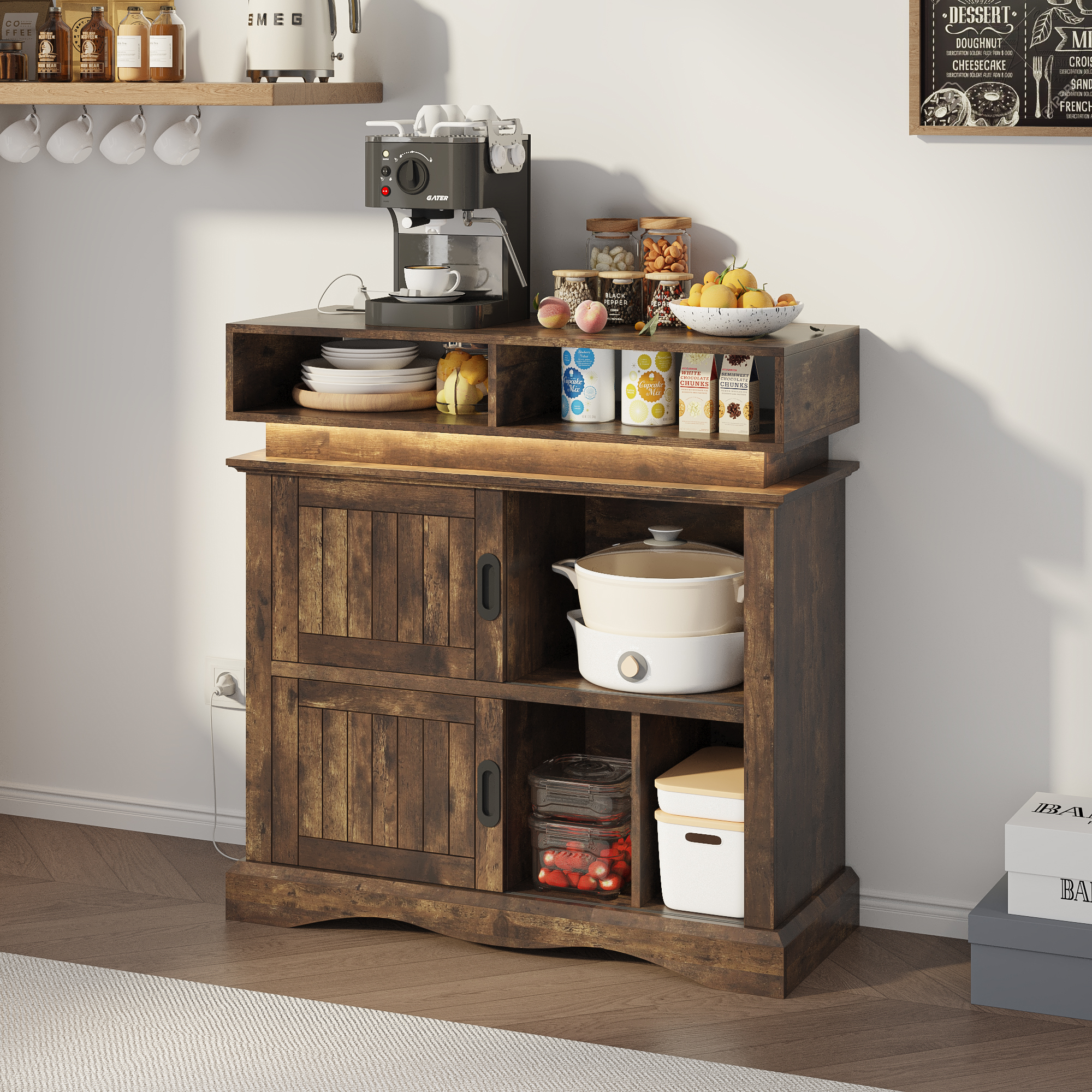 ChVans Record Player Stand with Storage & LED Lights, 15.7" D x 39.4" W x 40" H, Vinyl Record Storage Cabinet with Power Outlet & Sliding Doors Up to 450 Albums for Living Room, Walnut