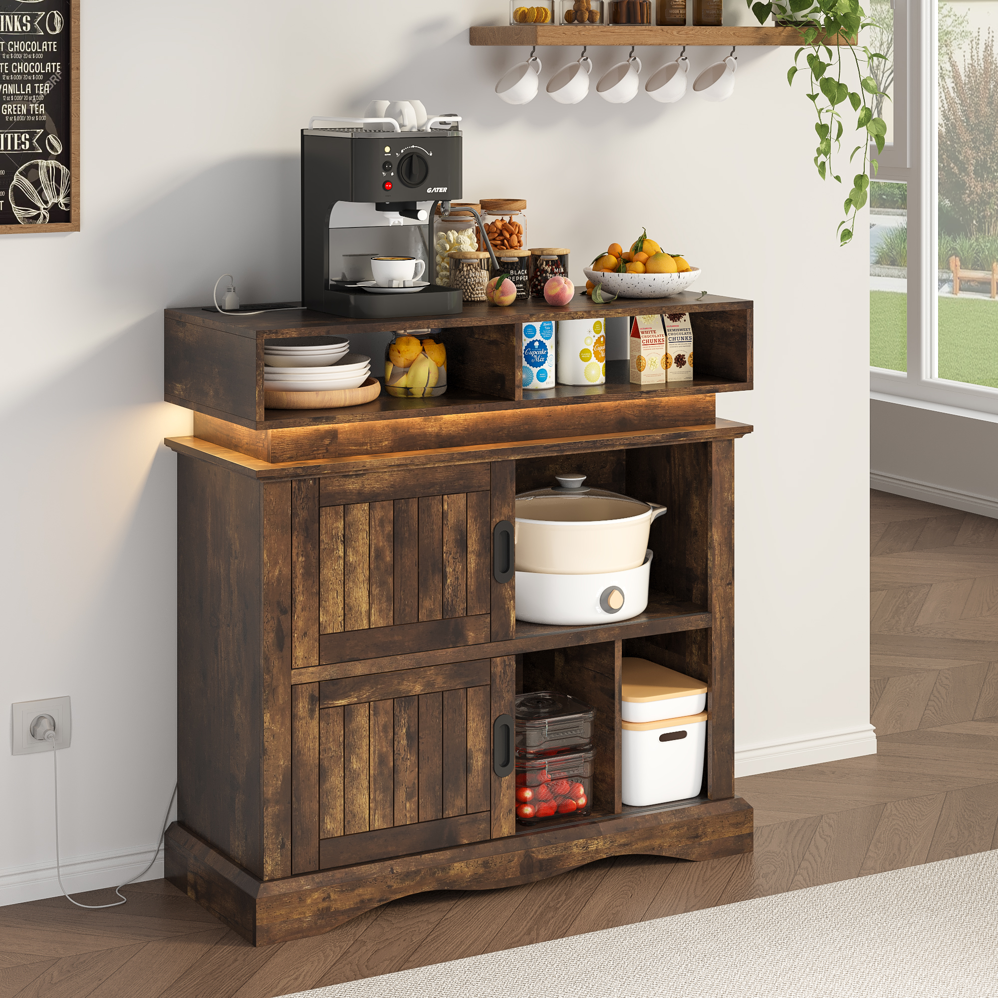 ChVans Record Player Stand with Storage & LED Lights, 15.7" D x 39.4" W x 40" H, Vinyl Record Storage Cabinet with Power Outlet & Sliding Doors Up to 450 Albums for Living Room, Walnut