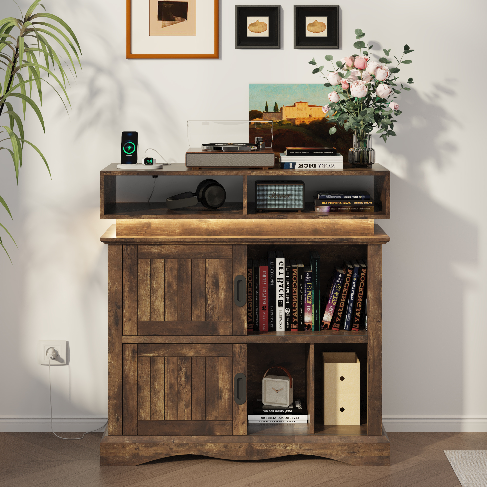 ChVans Record Player Stand with Storage & LED Lights, 15.7" D x 39.4" W x 40" H, Vinyl Record Storage Cabinet with Power Outlet & Sliding Doors Up to 450 Albums for Living Room, Walnut