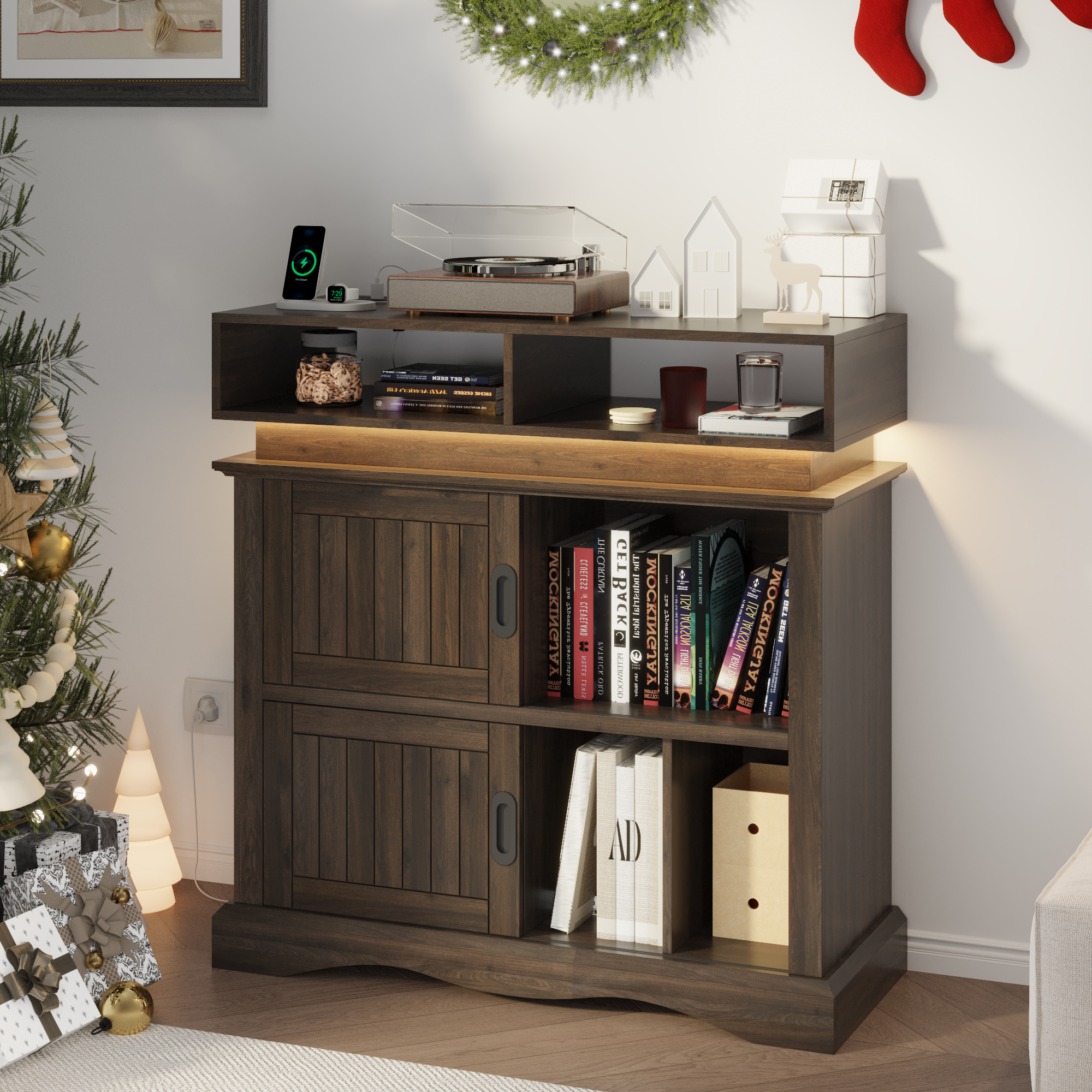 ChVans Record Player Stand with Storage & LED Lights, 15.7" D x 39.4" W x 40" H, Vinyl Record Storage Cabinet with Power Outlet & Sliding Doors Up to 450 Albums for Living Room, Walnut