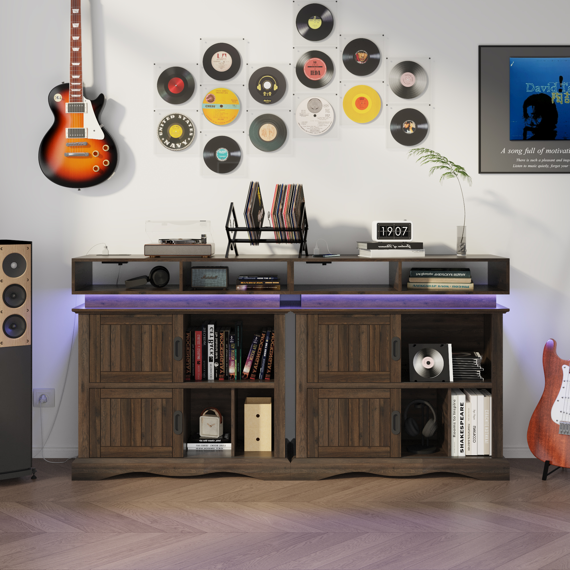 ChVans Record Player Stand with Storage & LED Lights, 15.7" D x 39.4" W x 40" H, Vinyl Record Storage Cabinet with Power Outlet & Sliding Doors Up to 450 Albums for Living Room, Walnut