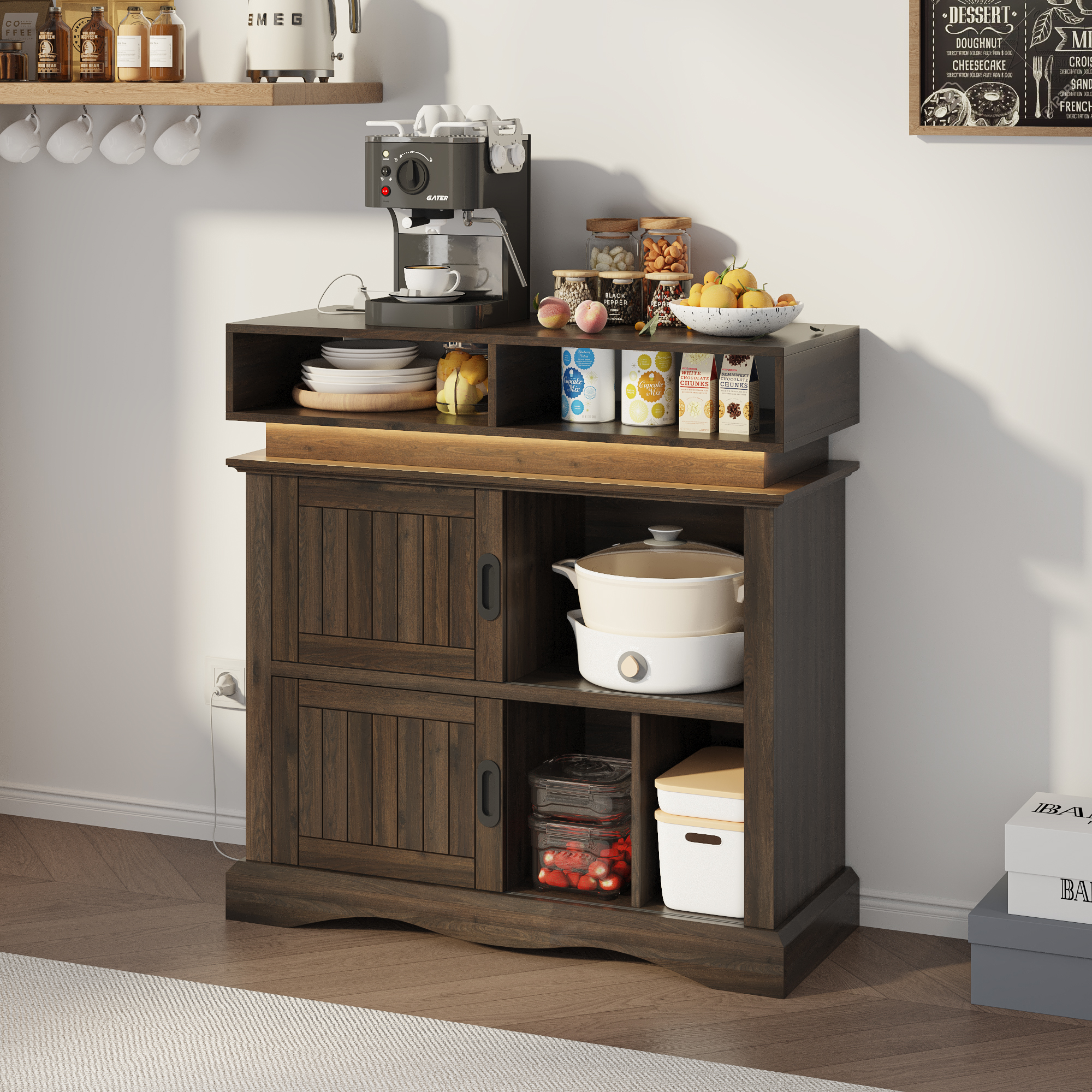 ChVans Record Player Stand with Storage & LED Lights, 15.7" D x 39.4" W x 40" H, Vinyl Record Storage Cabinet with Power Outlet & Sliding Doors Up to 450 Albums for Living Room, Walnut