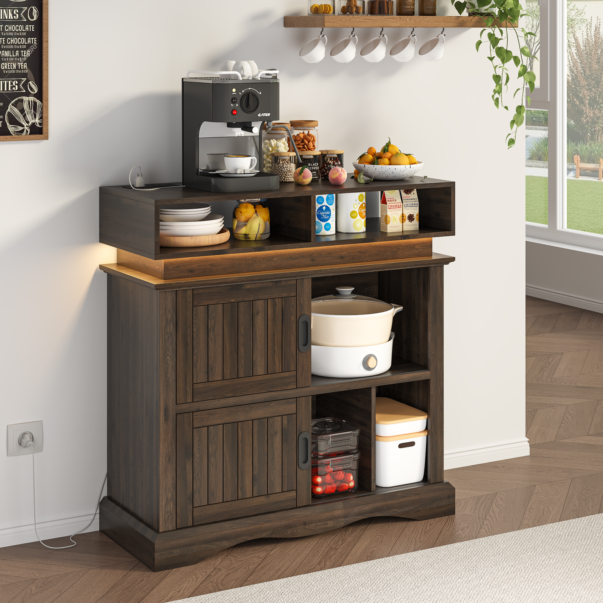 ChVans Record Player Stand with Storage & LED Lights, 15.7" D x 39.4" W x 40" H, Vinyl Record Storage Cabinet with Power Outlet & Sliding Doors Up to 450 Albums for Living Room, Walnut