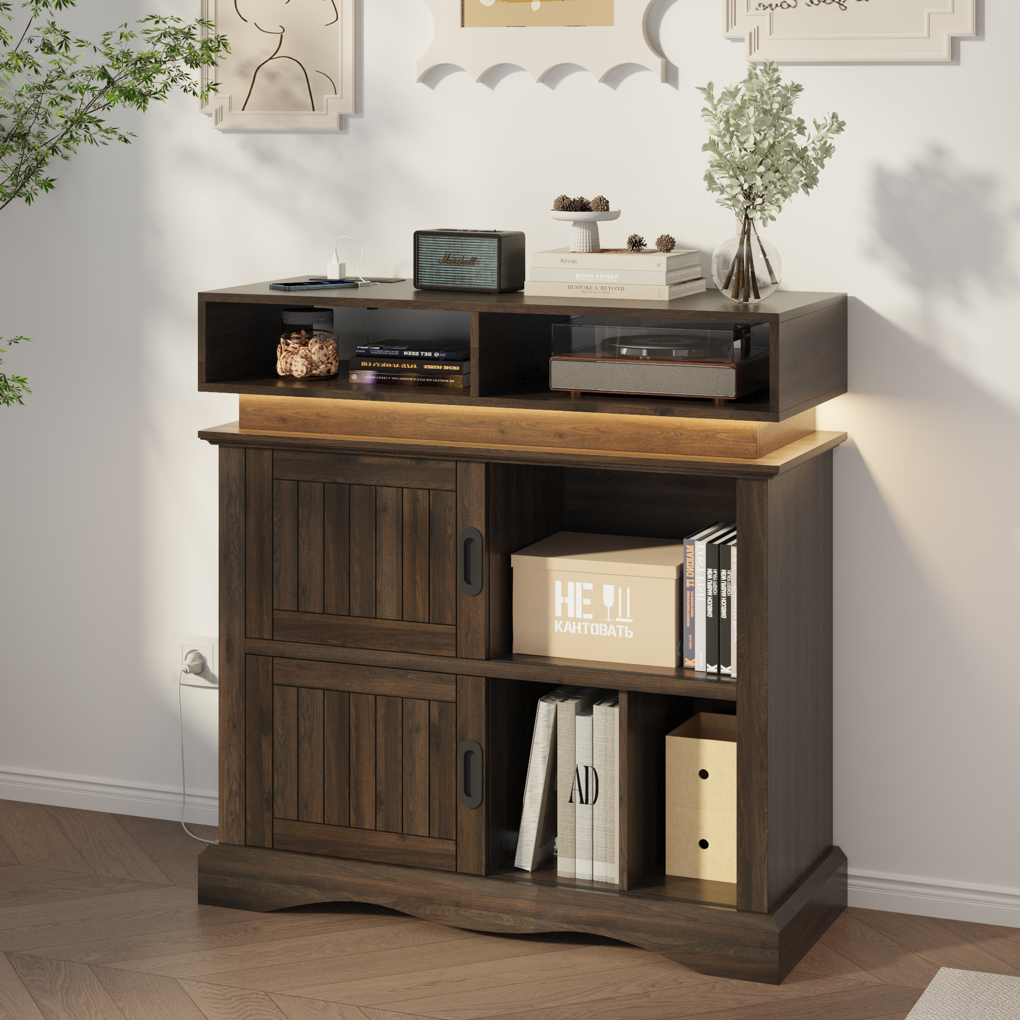 ChVans Record Player Stand with Storage & LED Lights, 15.7" D x 39.4" W x 40" H, Vinyl Record Storage Cabinet with Power Outlet & Sliding Doors Up to 450 Albums for Living Room, Walnut