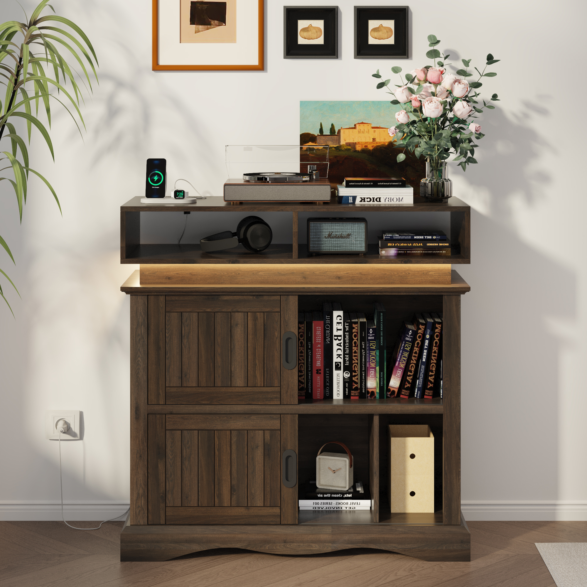 ChVans Record Player Stand with Storage & LED Lights, 15.7" D x 39.4" W x 40" H, Vinyl Record Storage Cabinet with Power Outlet & Sliding Doors Up to 450 Albums for Living Room, Walnut