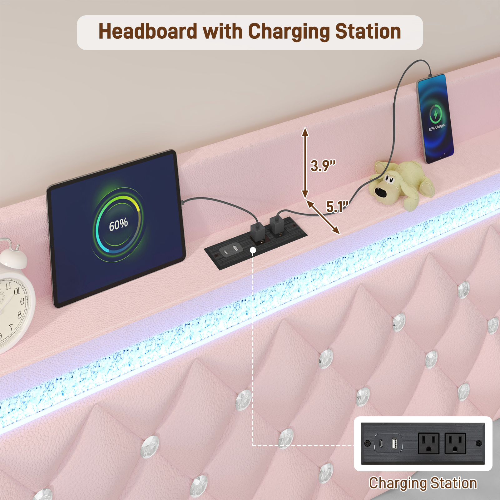 LED Bed Frame with Power Outlet & 4 Drawers, Upholstered PU Leather Platform Bed with Diamond Tufted Storage Headboard&Footboard, No Box Spring Needed, Noise Free