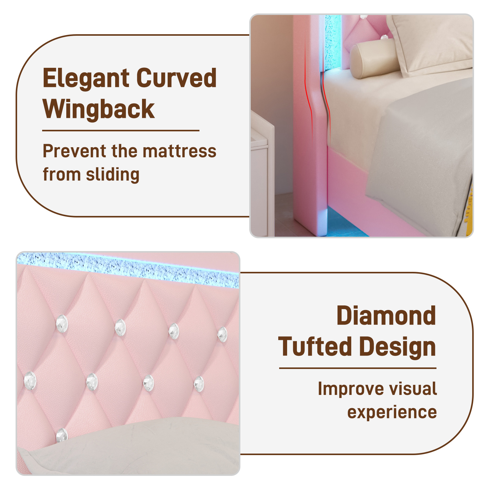 LED Bed Frame with Power Outlet & 4 Drawers, Upholstered PU Leather Platform Bed with Diamond Tufted Storage Headboard&Footboard, No Box Spring Needed, Noise Free