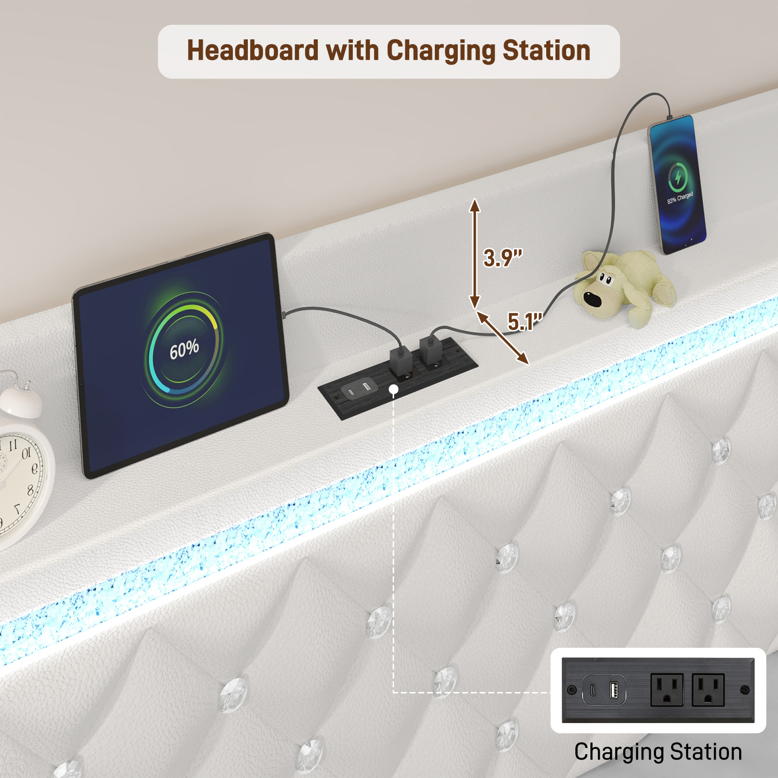 LED Bed Frame with Power Outlet & 4 Drawers, Upholstered PU Leather Platform Bed with Diamond Tufted Storage Headboard&Footboard, No Box Spring Needed, Noise Free