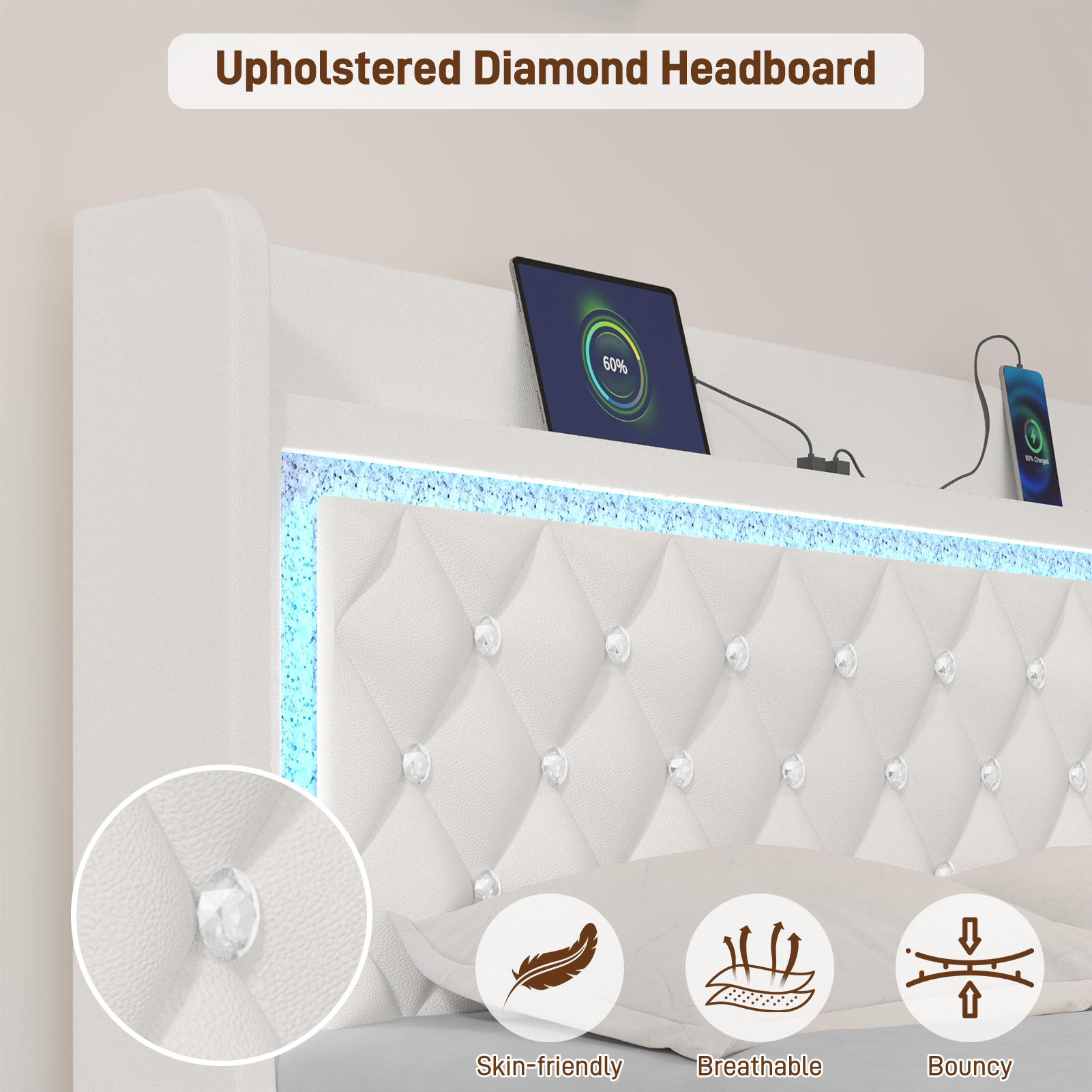 LED Bed Frame with Power Outlet & 4 Drawers, Upholstered PU Leather Platform Bed with Diamond Tufted Storage Headboard&Footboard, No Box Spring Needed, Noise Free