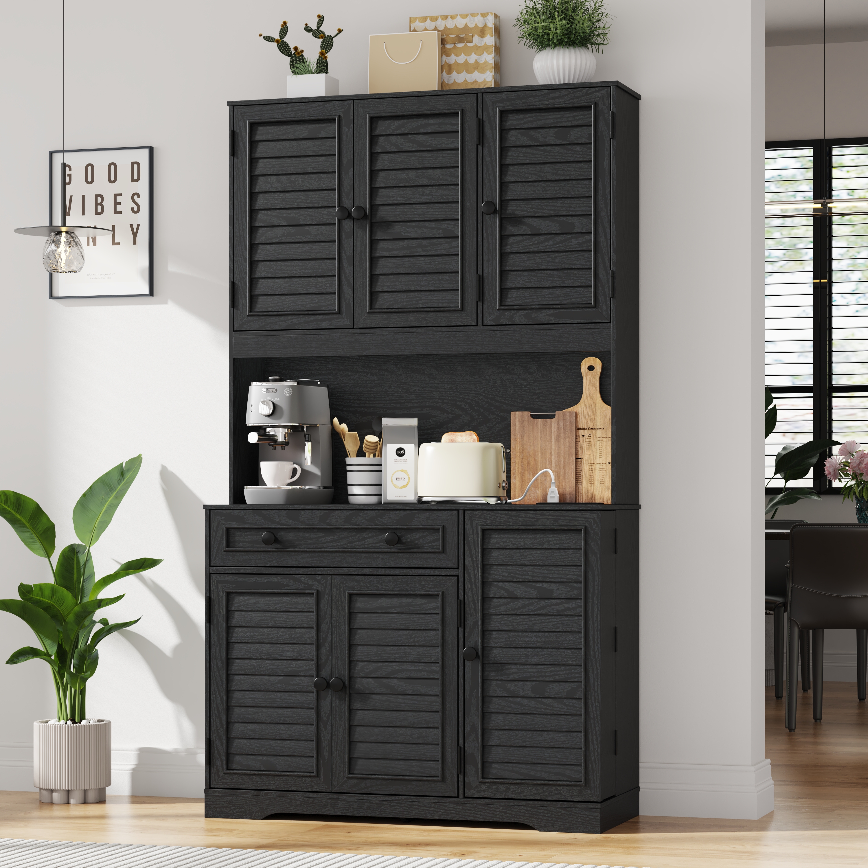70.9'' Kitchen Pantry Storage Cabinet with drawer and Charging Station, LED Light Kitchen Hutch Cabinet with 3 side food racks