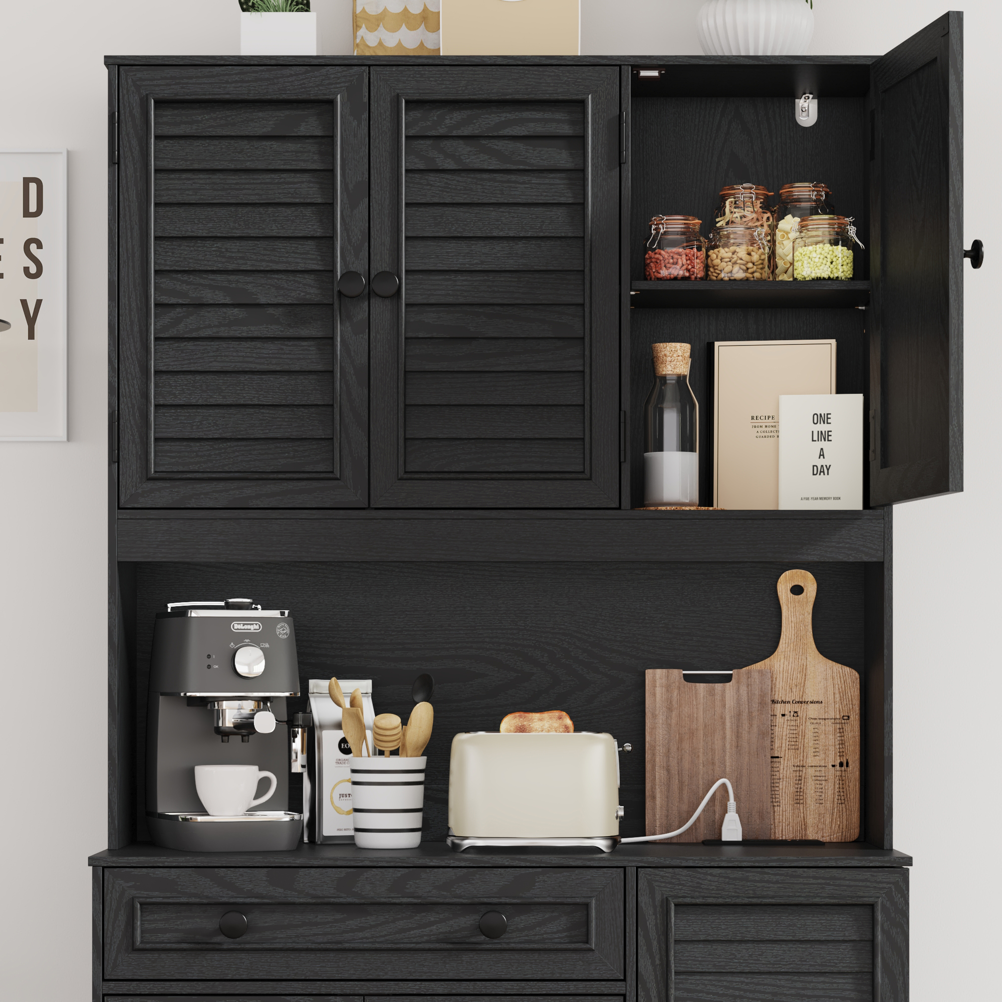 70.9'' Kitchen Pantry Storage Cabinet with drawer and Charging Station, LED Light Kitchen Hutch Cabinet with 3 side food racks