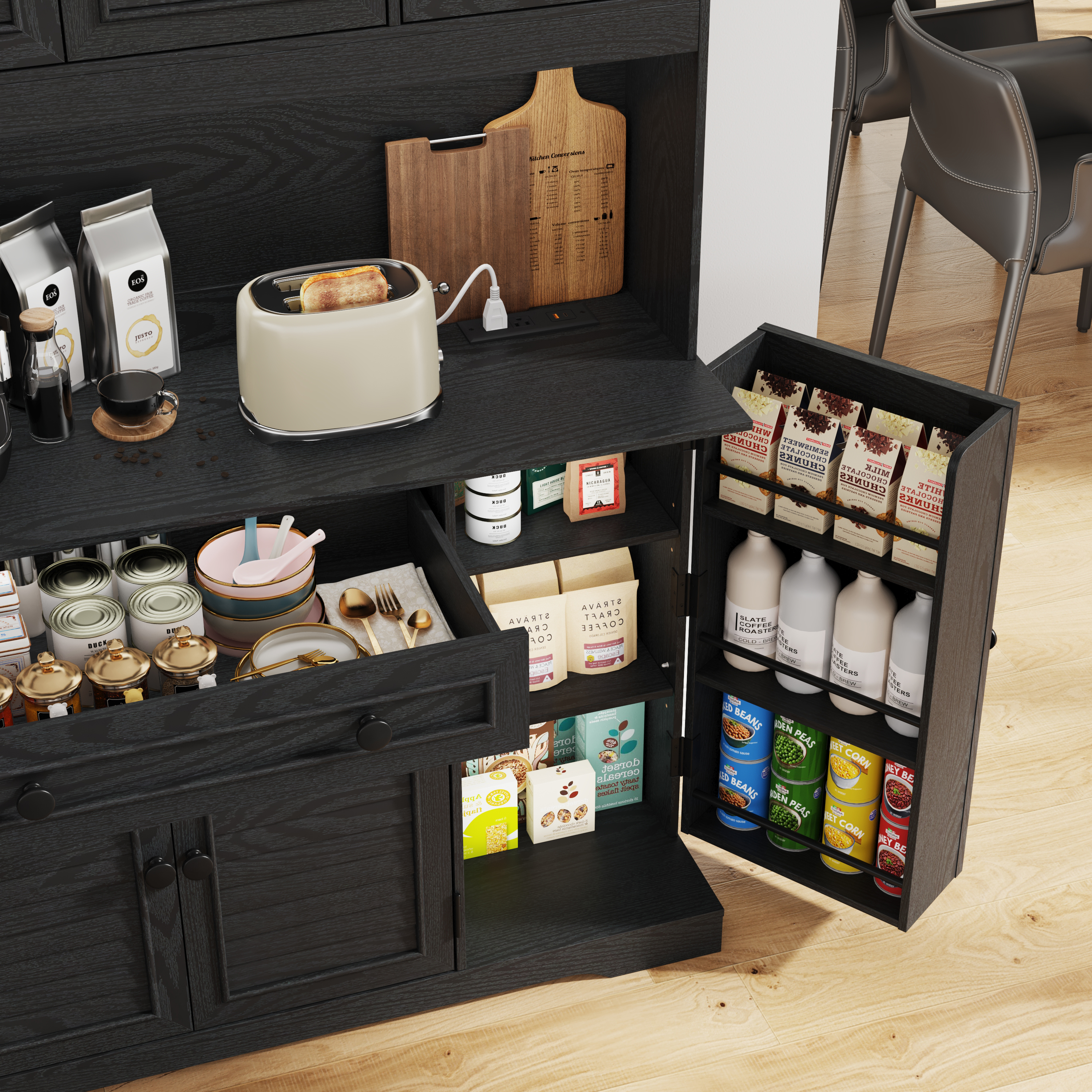 70.9'' Kitchen Pantry Storage Cabinet with drawer and Charging Station, LED Light Kitchen Hutch Cabinet with 3 side food racks