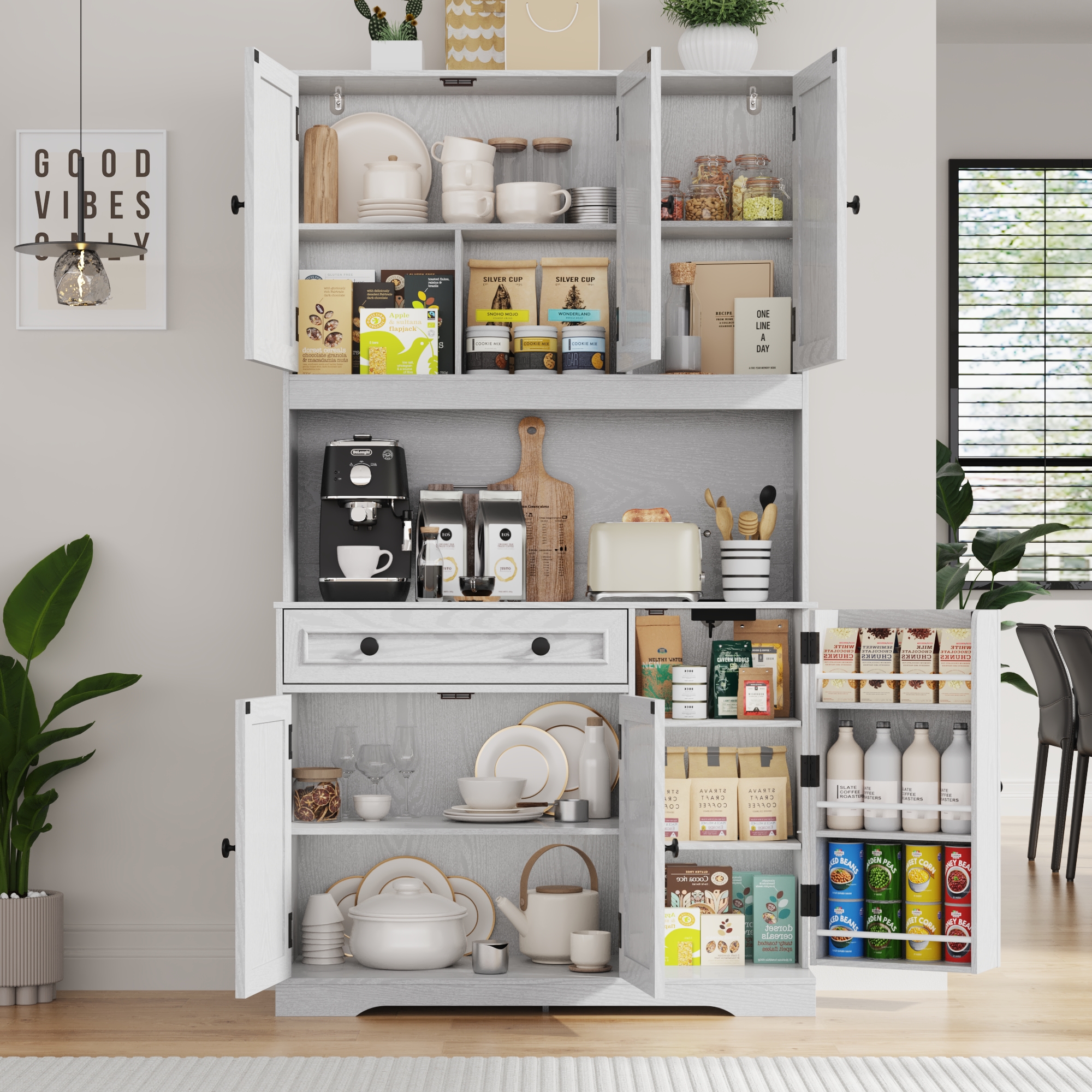 70.9'' Kitchen Pantry Storage Cabinet with drawer and Charging Station, LED Light Kitchen Hutch Cabinet with 3 side food racks