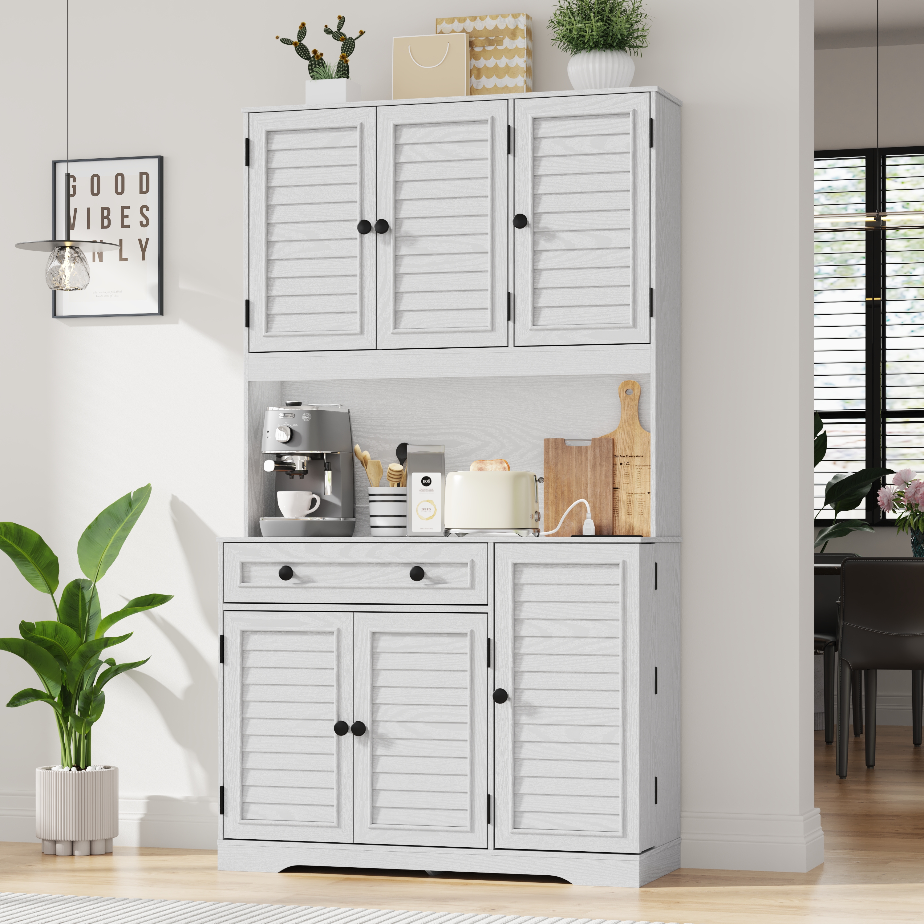 70.9'' Kitchen Pantry Storage Cabinet with drawer and Charging Station, LED Light Kitchen Hutch Cabinet with 3 side food racks