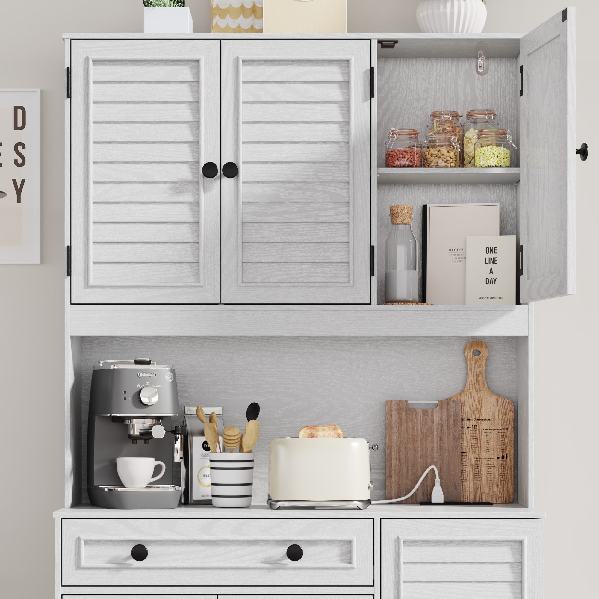 70.9'' Kitchen Pantry Storage Cabinet with drawer and Charging Station, LED Light Kitchen Hutch Cabinet with 3 side food racks