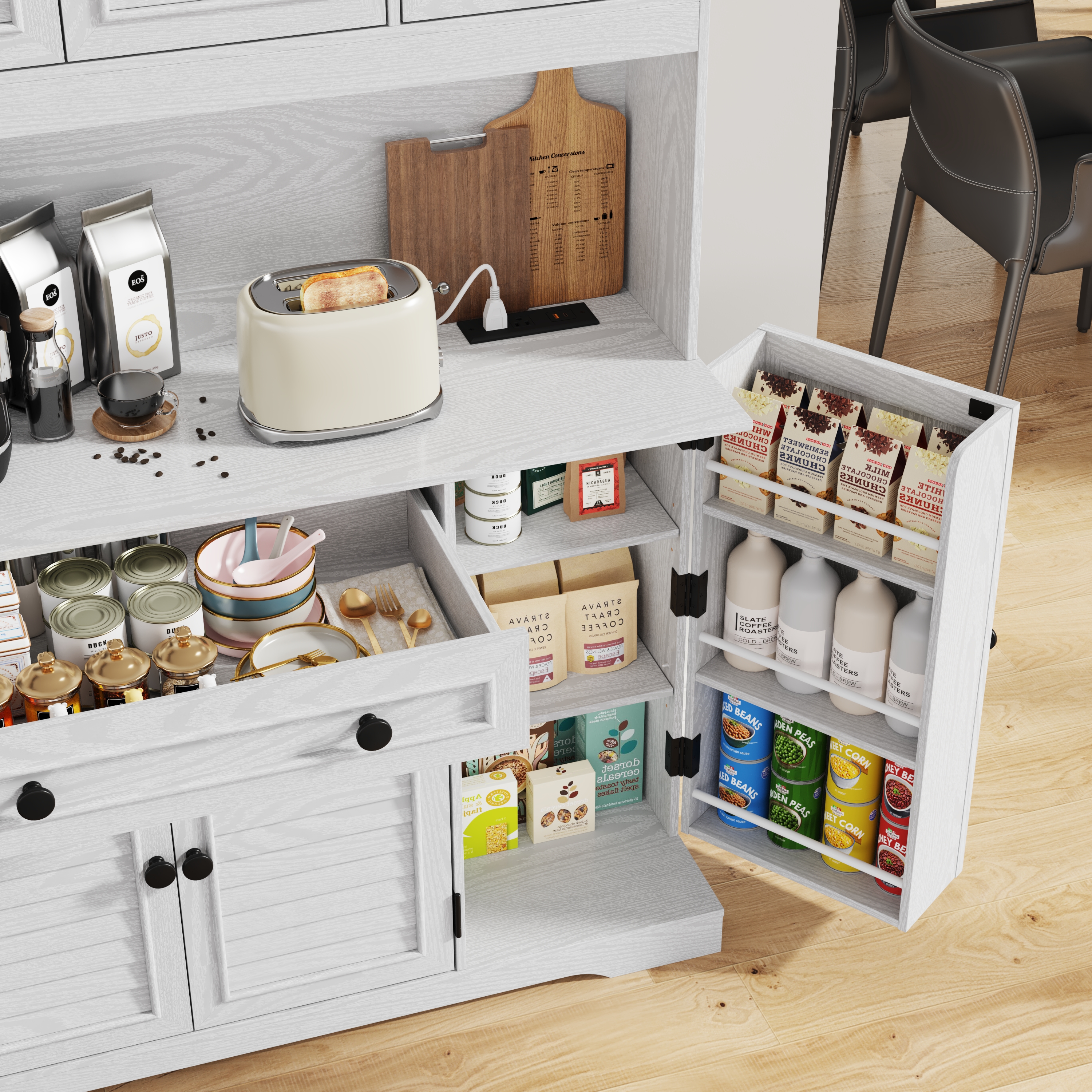 70.9'' Kitchen Pantry Storage Cabinet with drawer and Charging Station, LED Light Kitchen Hutch Cabinet with 3 side food racks