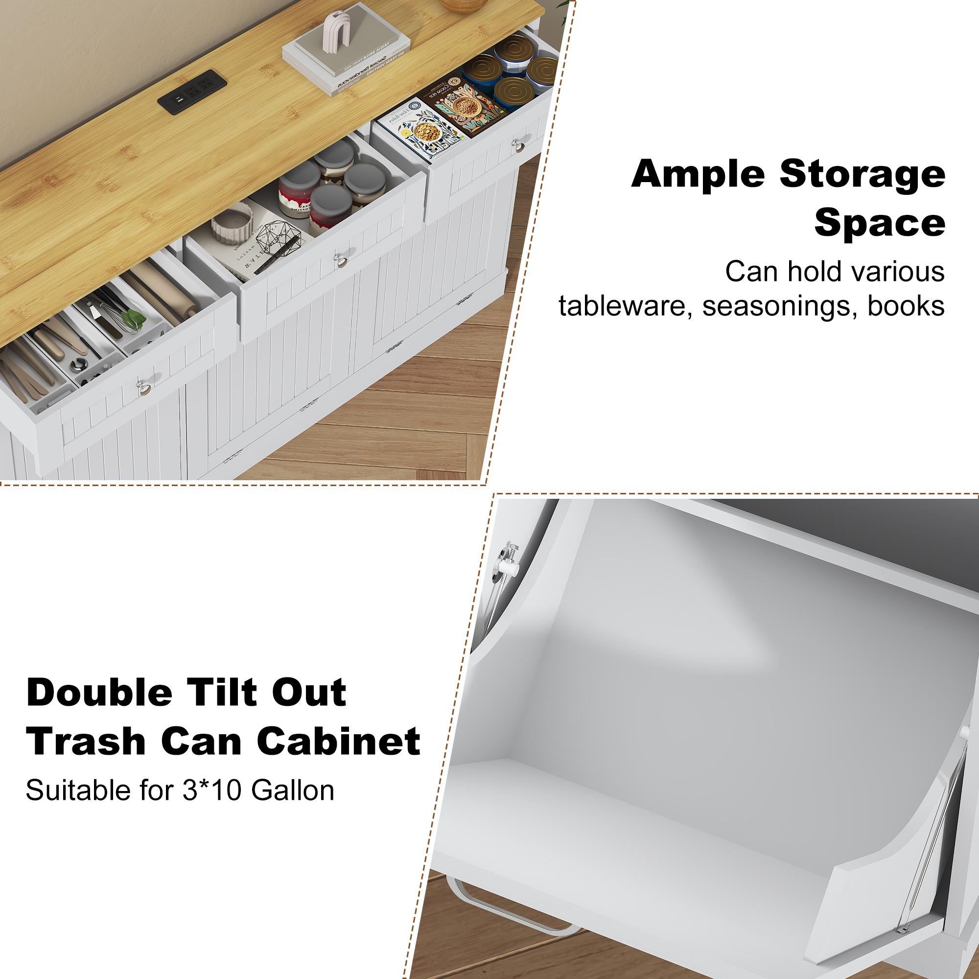 ANPOO 59 Inch Kitchen Triple Tilt Out Trash Can Cabinet, 30 Gallon Hidden Wooden Garbage Recycling Station with Power Outlet & 3 Drawers for Kitchen