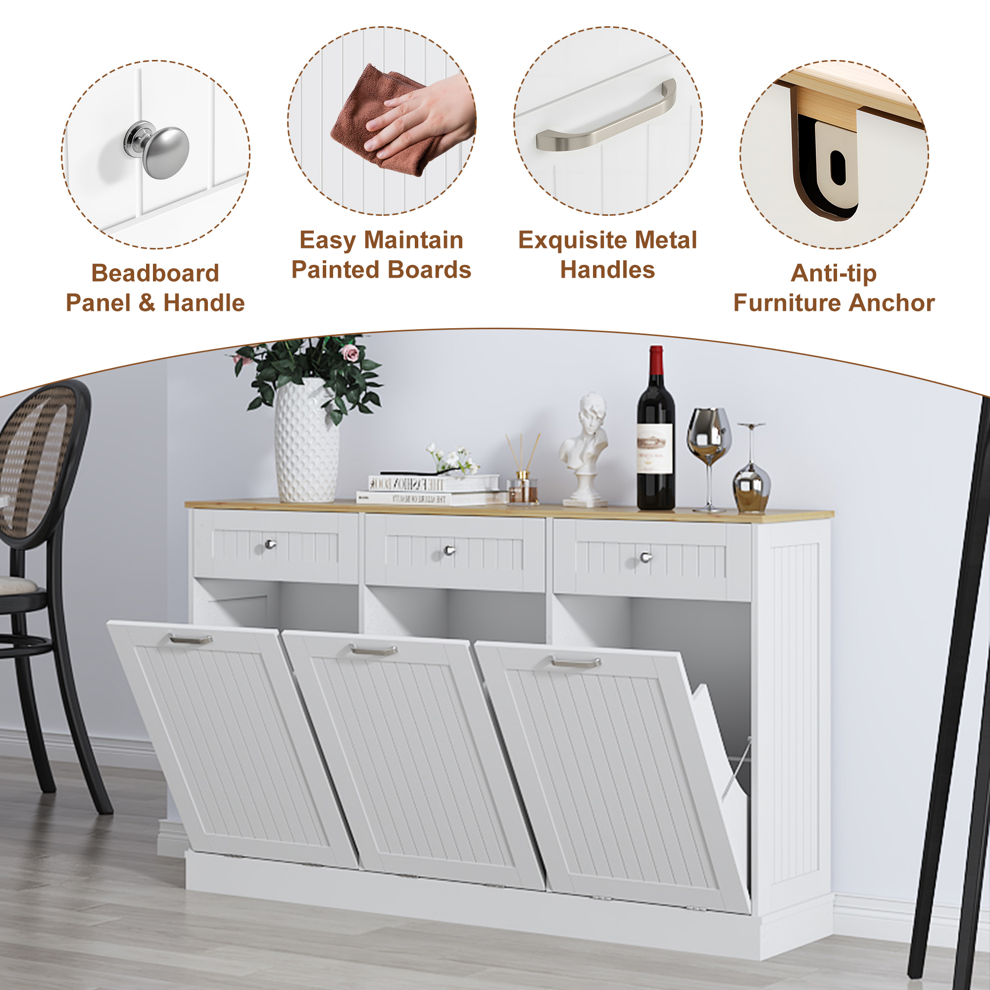 ANPOO 59 Inch Kitchen Triple Tilt Out Trash Can Cabinet, 30 Gallon Hidden Wooden Garbage Recycling Station with Power Outlet & 3 Drawers for Kitchen