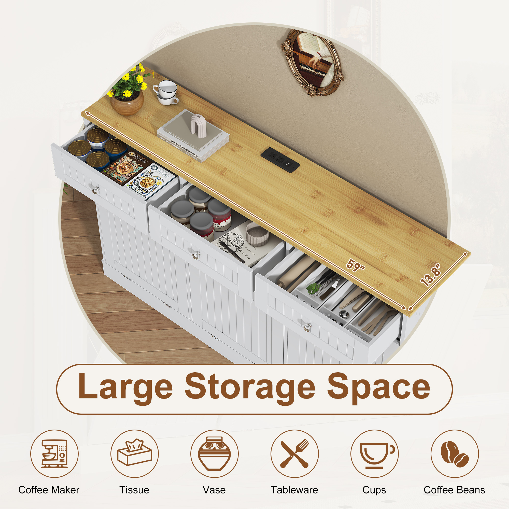 ANPOO 59 Inch Kitchen Triple Tilt Out Trash Can Cabinet, 30 Gallon Hidden Wooden Garbage Recycling Station with Power Outlet & 3 Drawers for Kitchen