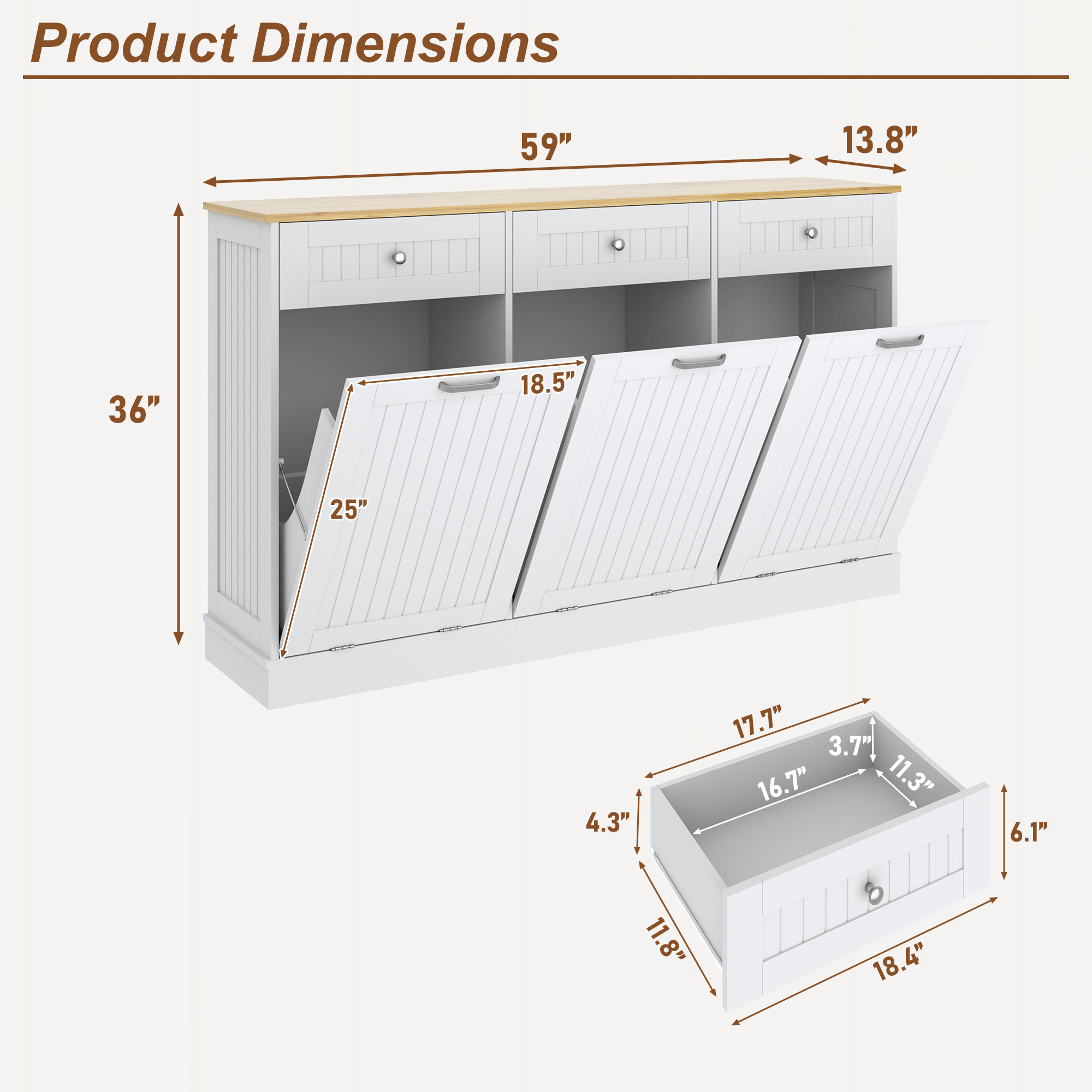 ANPOO 59 Inch Kitchen Triple Tilt Out Trash Can Cabinet, 30 Gallon Hidden Wooden Garbage Recycling Station with Power Outlet & 3 Drawers for Kitchen