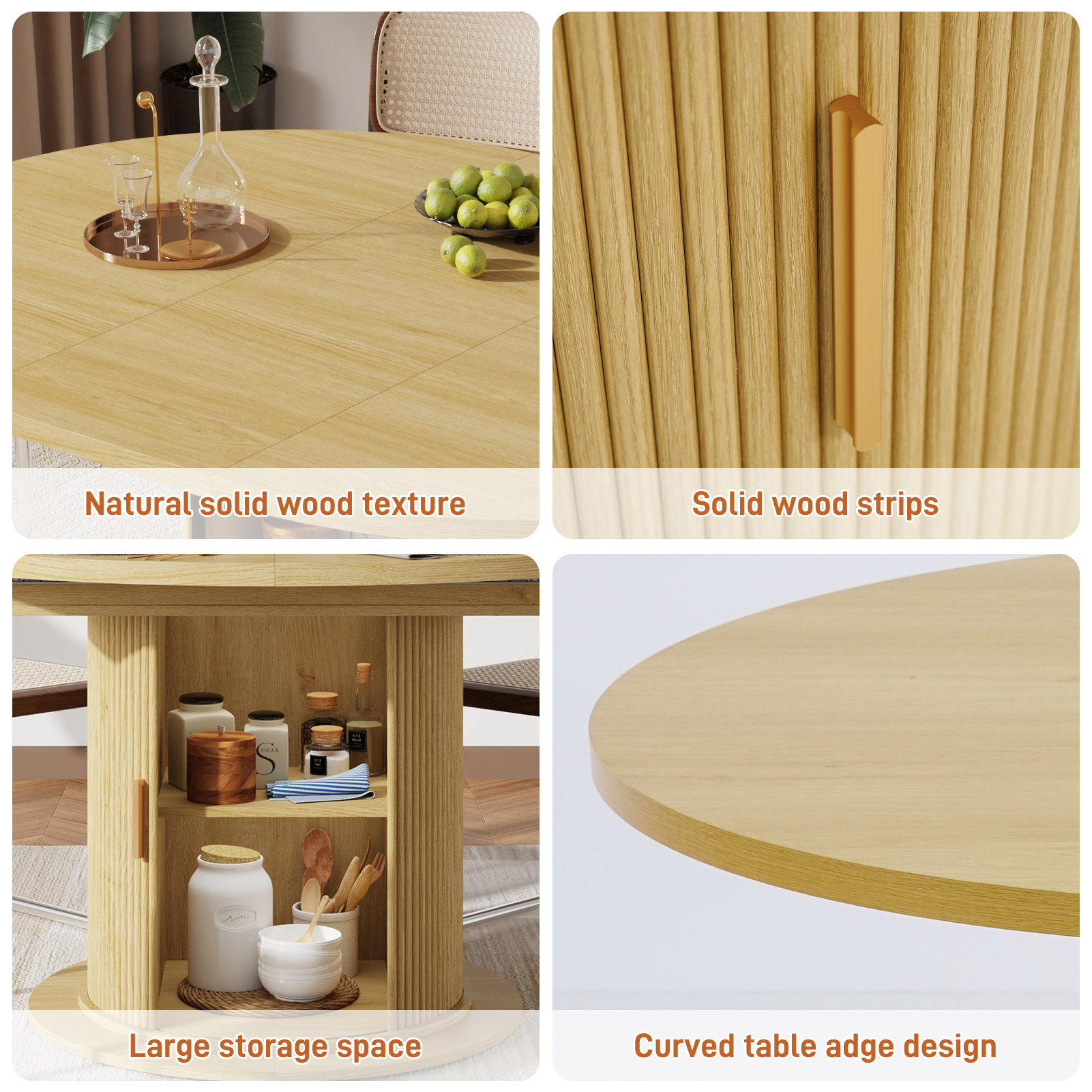 ChVans 47"-63" Extendable Round Dining Table with Storage, Modern Farmhouse Kitchen Table for 4-8, Round Table with Wood Strip Base, Circle Dining Table