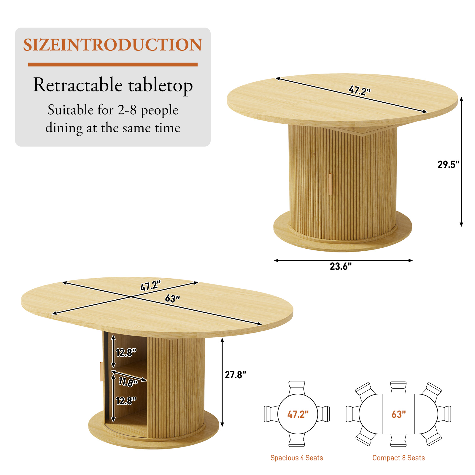 ChVans 47"-63" Extendable Round Dining Table with Storage, Modern Farmhouse Kitchen Table for 4-8, Round Table with Wood Strip Base, Circle Dining Table