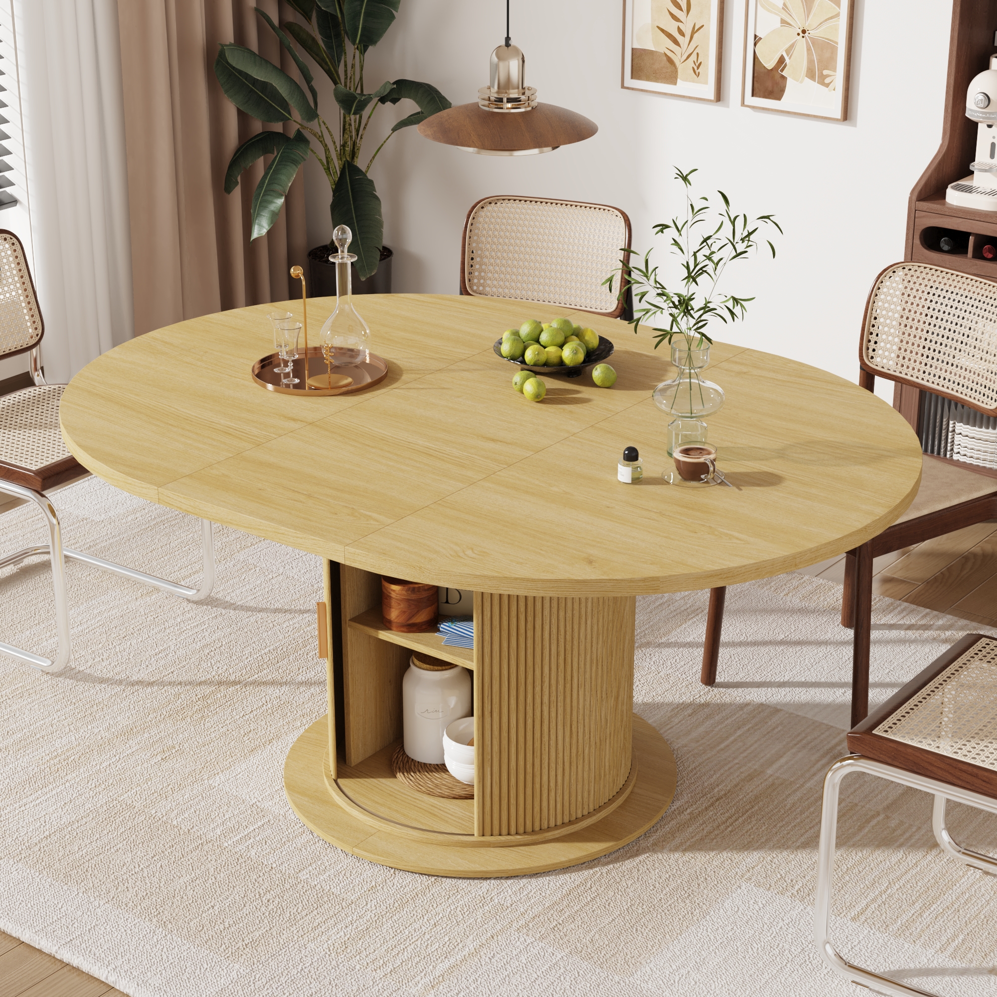 ChVans 47"-63" Extendable Round Dining Table with Storage, Modern Farmhouse Kitchen Table for 4-8, Round Table with Wood Strip Base, Circle Dining Table