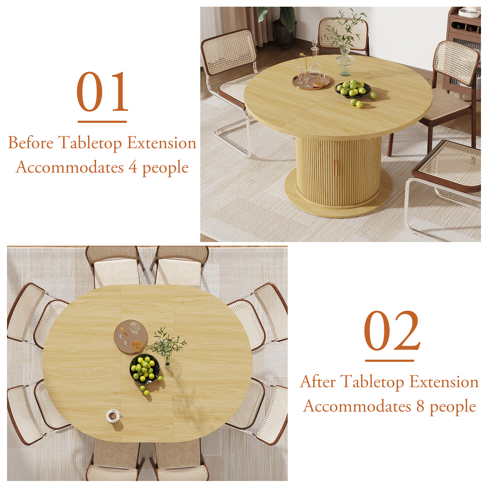 ChVans 47"-63" Extendable Round Dining Table with Storage, Modern Farmhouse Kitchen Table for 4-8, Round Table with Wood Strip Base, Circle Dining Table