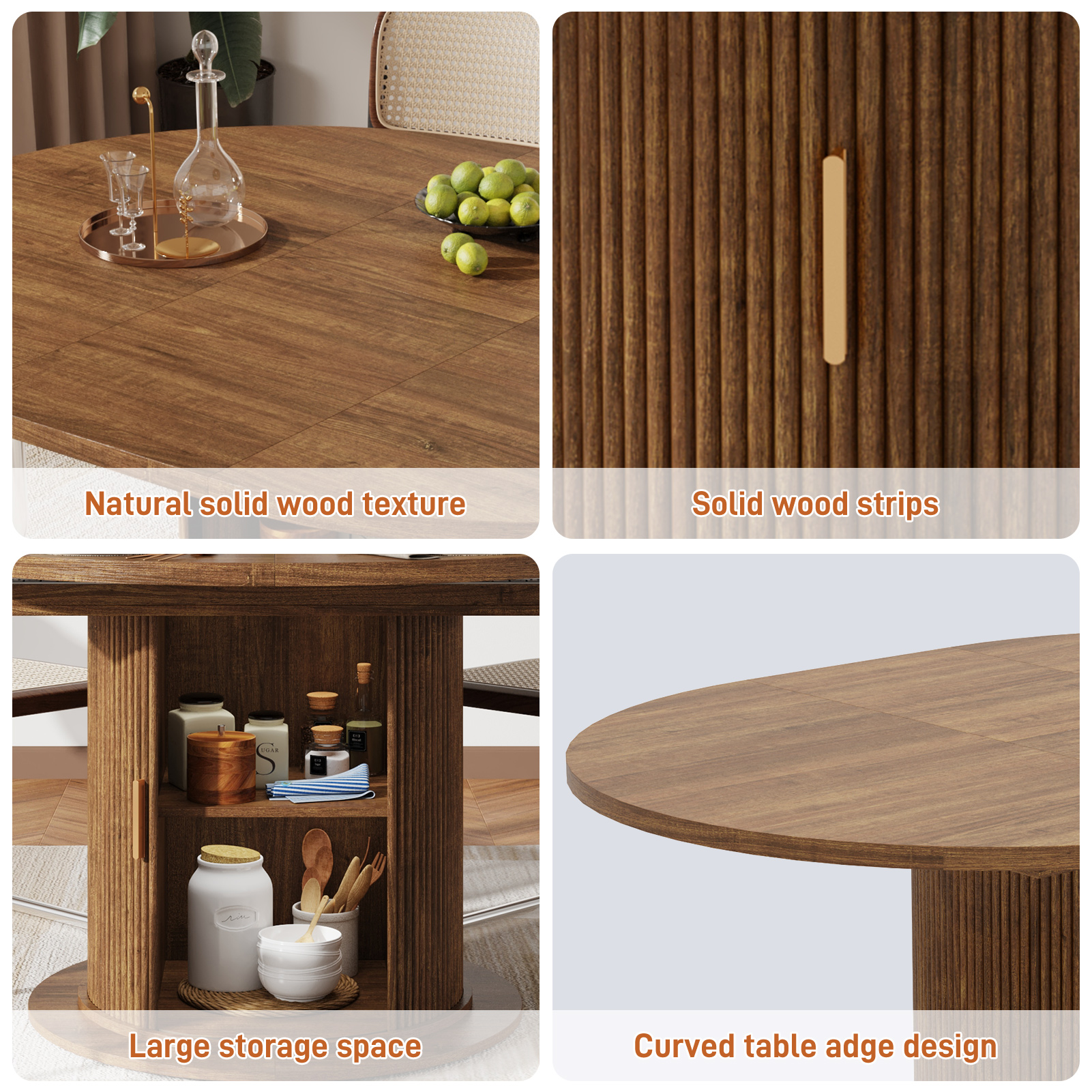 ChVans 47"-63" Extendable Round Dining Table with Storage, Modern Farmhouse Kitchen Table for 4-8, Round Table with Wood Strip Base, Circle Dining Table