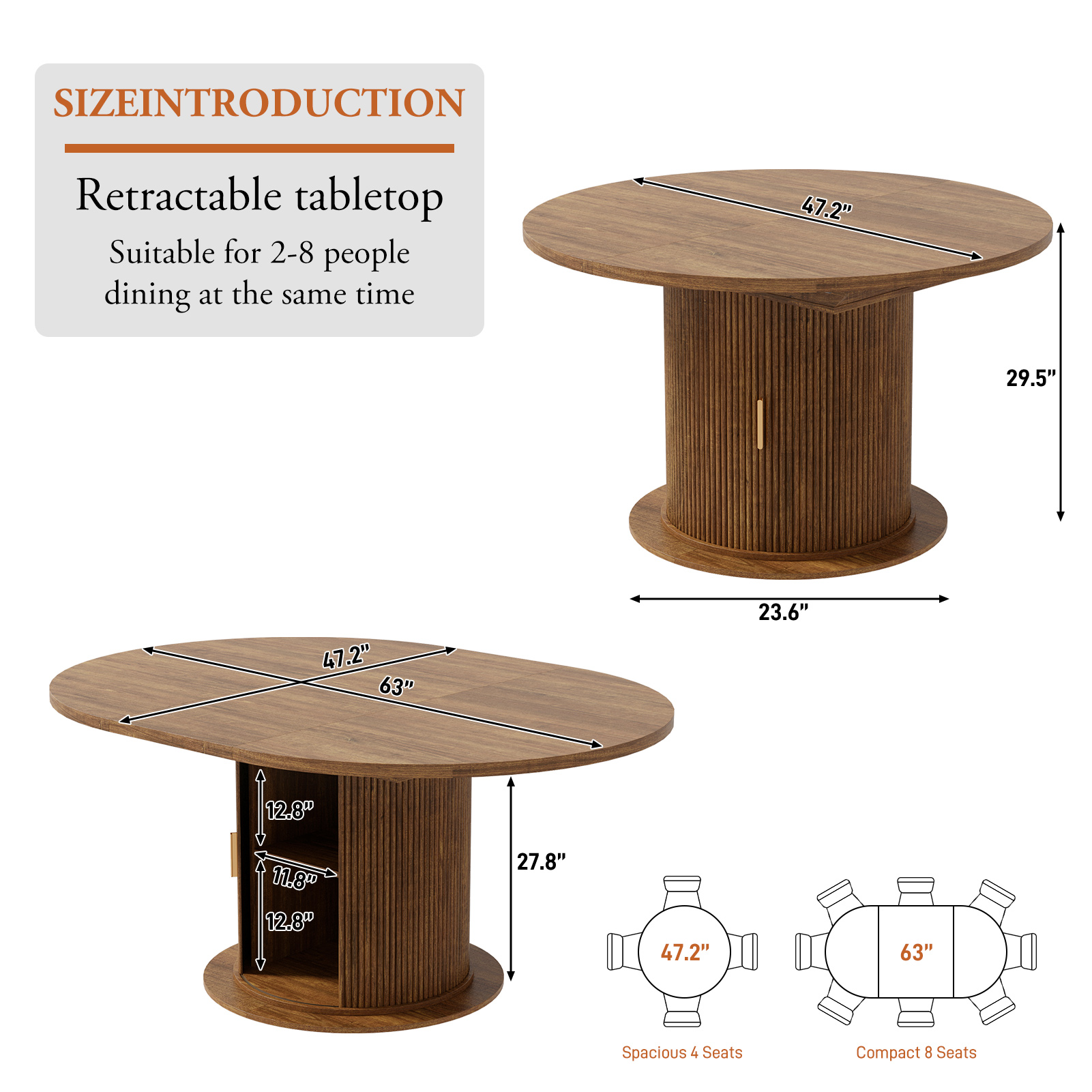 ChVans 47"-63" Extendable Round Dining Table with Storage, Modern Farmhouse Kitchen Table for 4-8, Round Table with Wood Strip Base, Circle Dining Table