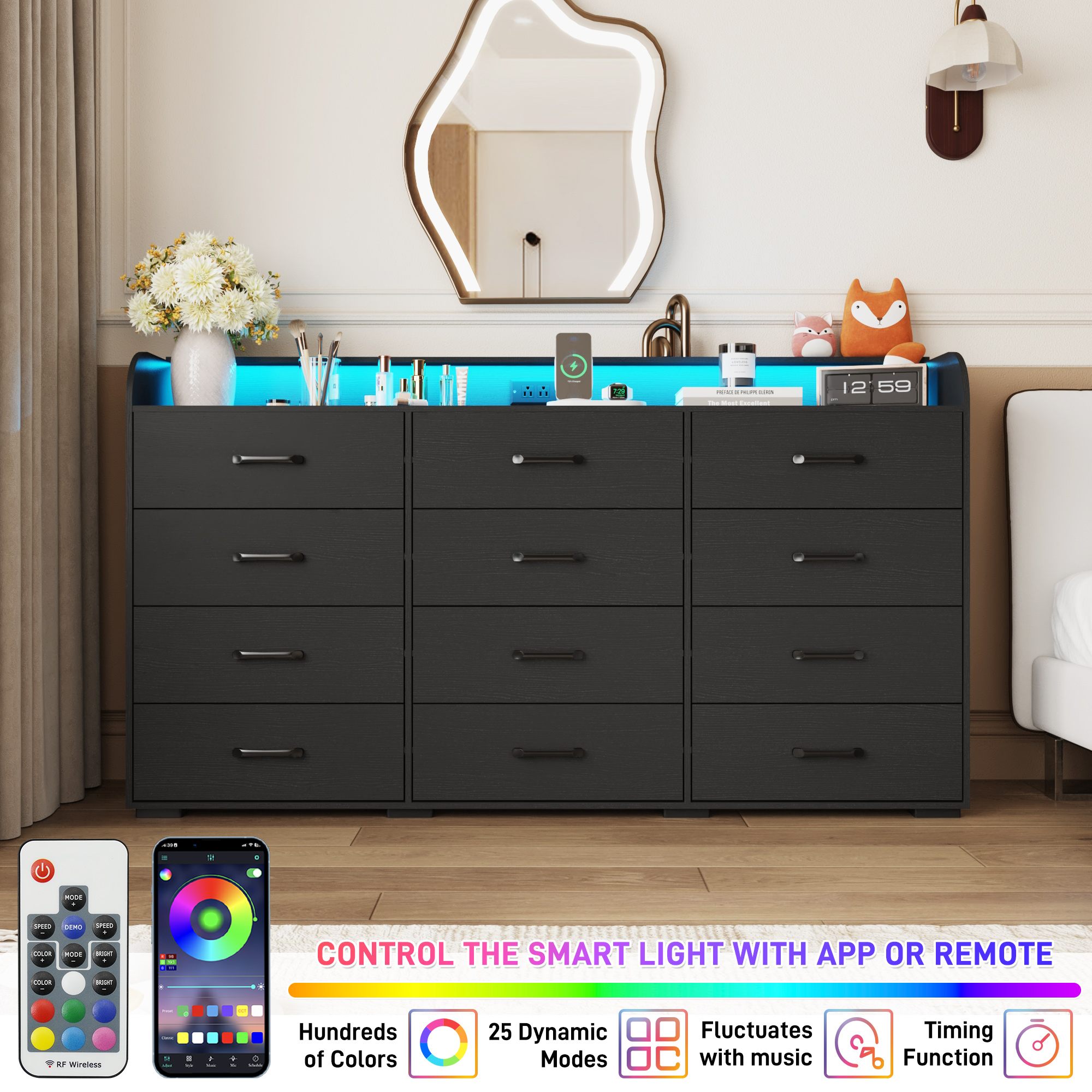 12 Drawer Dresser for Bedroom, 63" Large Long Wood dresser with Power Outlet, LED Light and Deep Big Drawers, Modern Minimalist Black Dresser Wide Chest of Drawers for Bedroom, Living Room