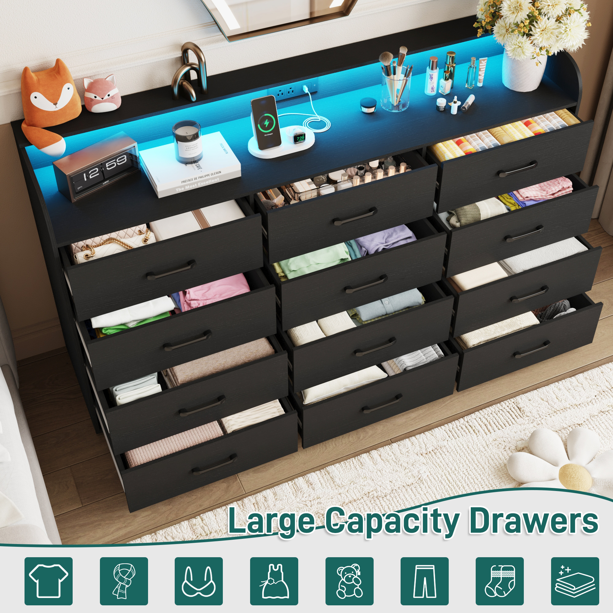 12 Drawer Dresser for Bedroom, 63" Large Long Wood dresser with Power Outlet, LED Light and Deep Big Drawers, Modern Minimalist Black Dresser Wide Chest of Drawers for Bedroom, Living Room