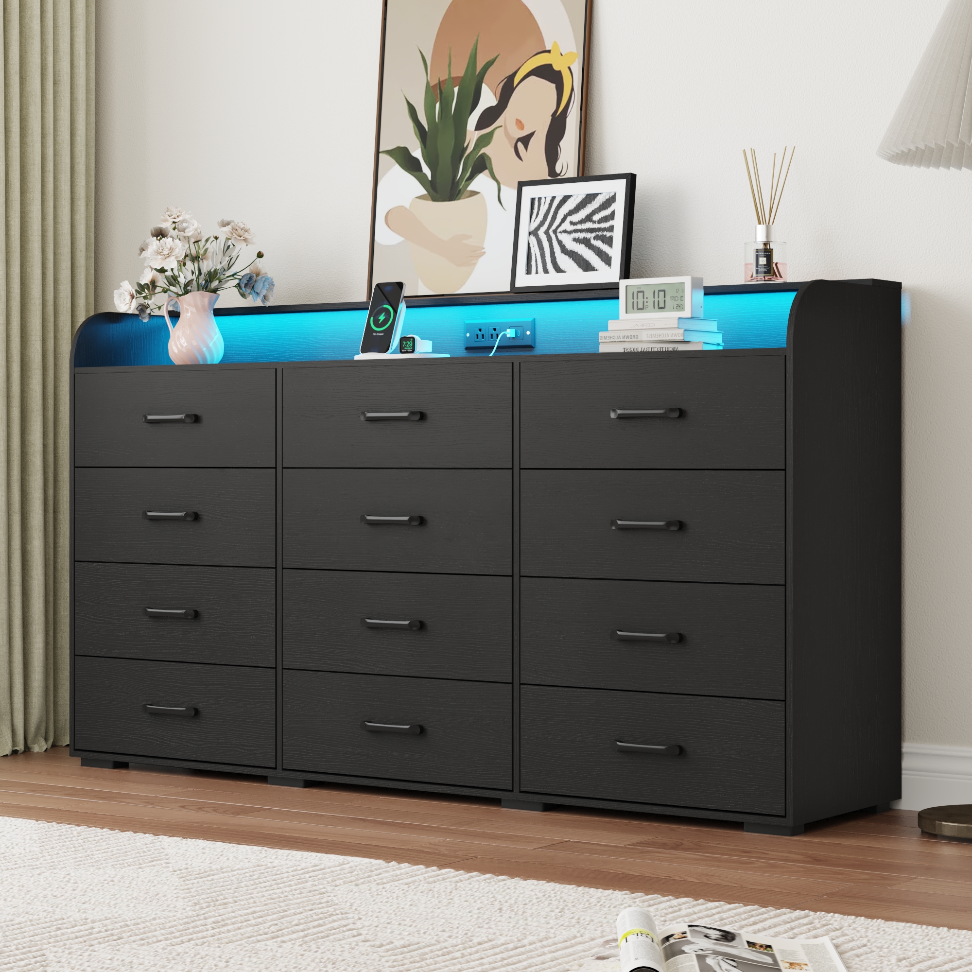 12 Drawer Dresser for Bedroom, 63" Large Long Wood dresser with Power Outlet, LED Light and Deep Big Drawers, Modern Minimalist Black Dresser Wide Chest of Drawers for Bedroom, Living Room