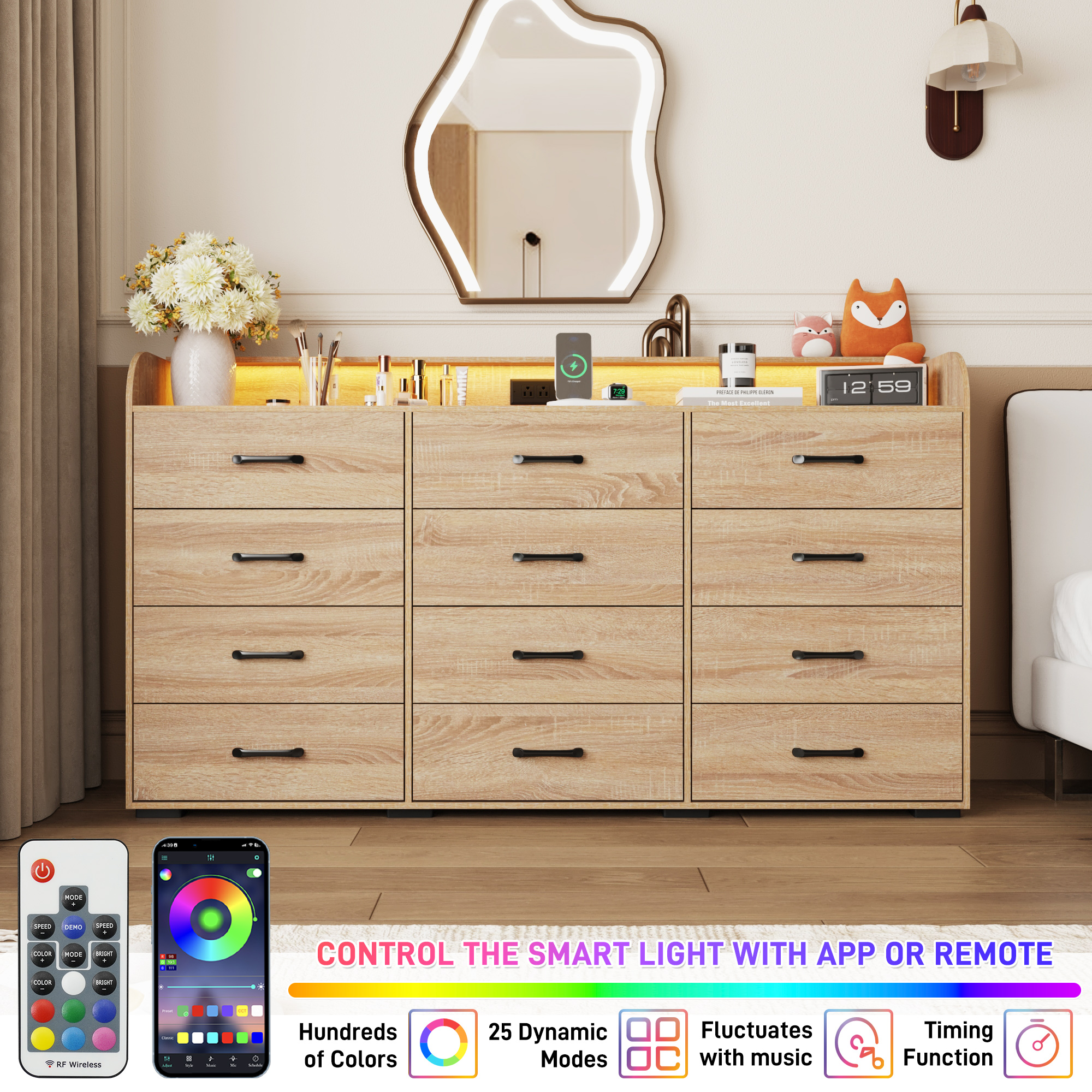 12 Drawer Dresser for Bedroom, 63" Large Long Wood dresser with Power Outlet, LED Light and Deep Big Drawers, Modern Minimalist Black Dresser Wide Chest of Drawers for Bedroom, Living Room