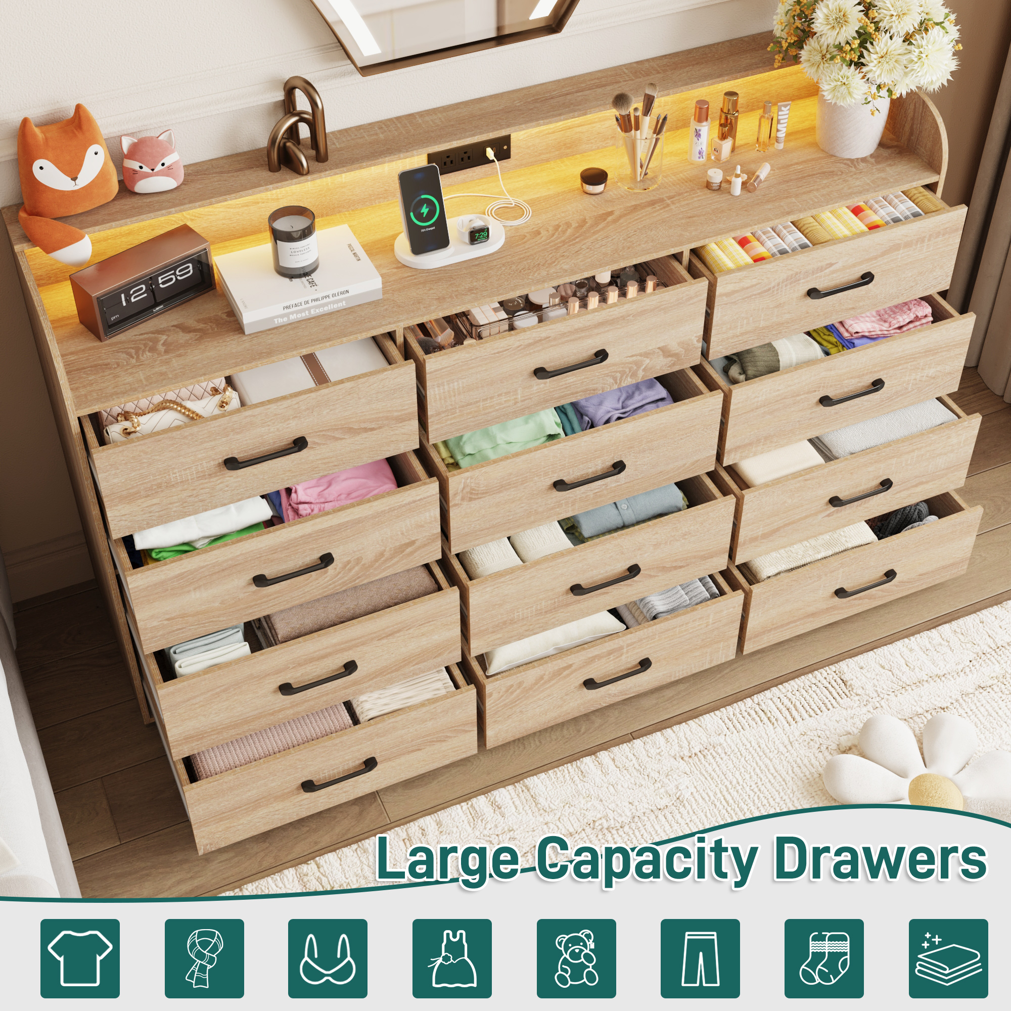 12 Drawer Dresser for Bedroom, 63" Large Long Wood dresser with Power Outlet, LED Light and Deep Big Drawers, Modern Minimalist Black Dresser Wide Chest of Drawers for Bedroom, Living Room