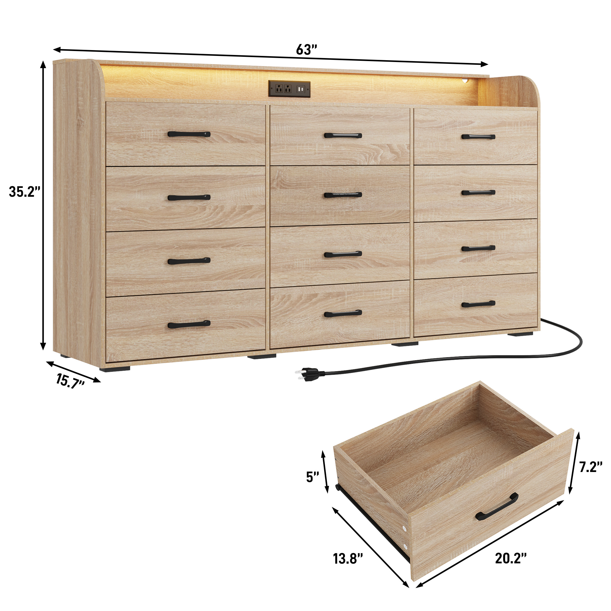 12 Drawer Dresser for Bedroom, 63" Large Long Wood dresser with Power Outlet, LED Light and Deep Big Drawers, Modern Minimalist Black Dresser Wide Chest of Drawers for Bedroom, Living Room