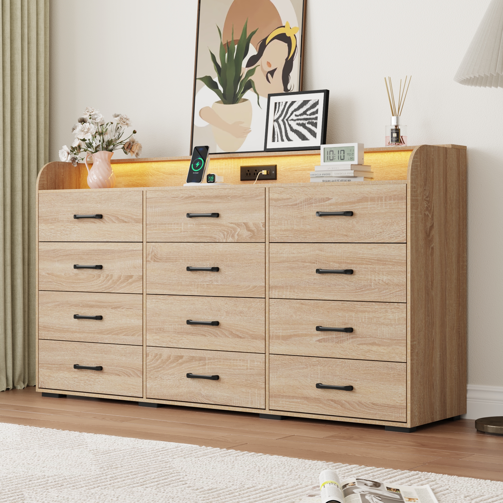 12 Drawer Dresser for Bedroom, 63" Large Long Wood dresser with Power Outlet, LED Light and Deep Big Drawers, Modern Minimalist Black Dresser Wide Chest of Drawers for Bedroom, Living Room