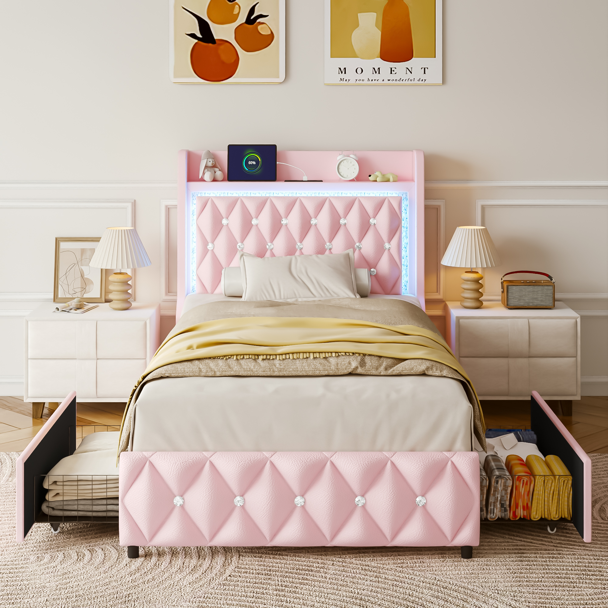 LED Bed Frame with Power Outlet & 4 Drawers, Upholstered PU Leather Platform Bed with Diamond Tufted Storage Headboard&Footboard, No Box Spring Needed, Noise Free