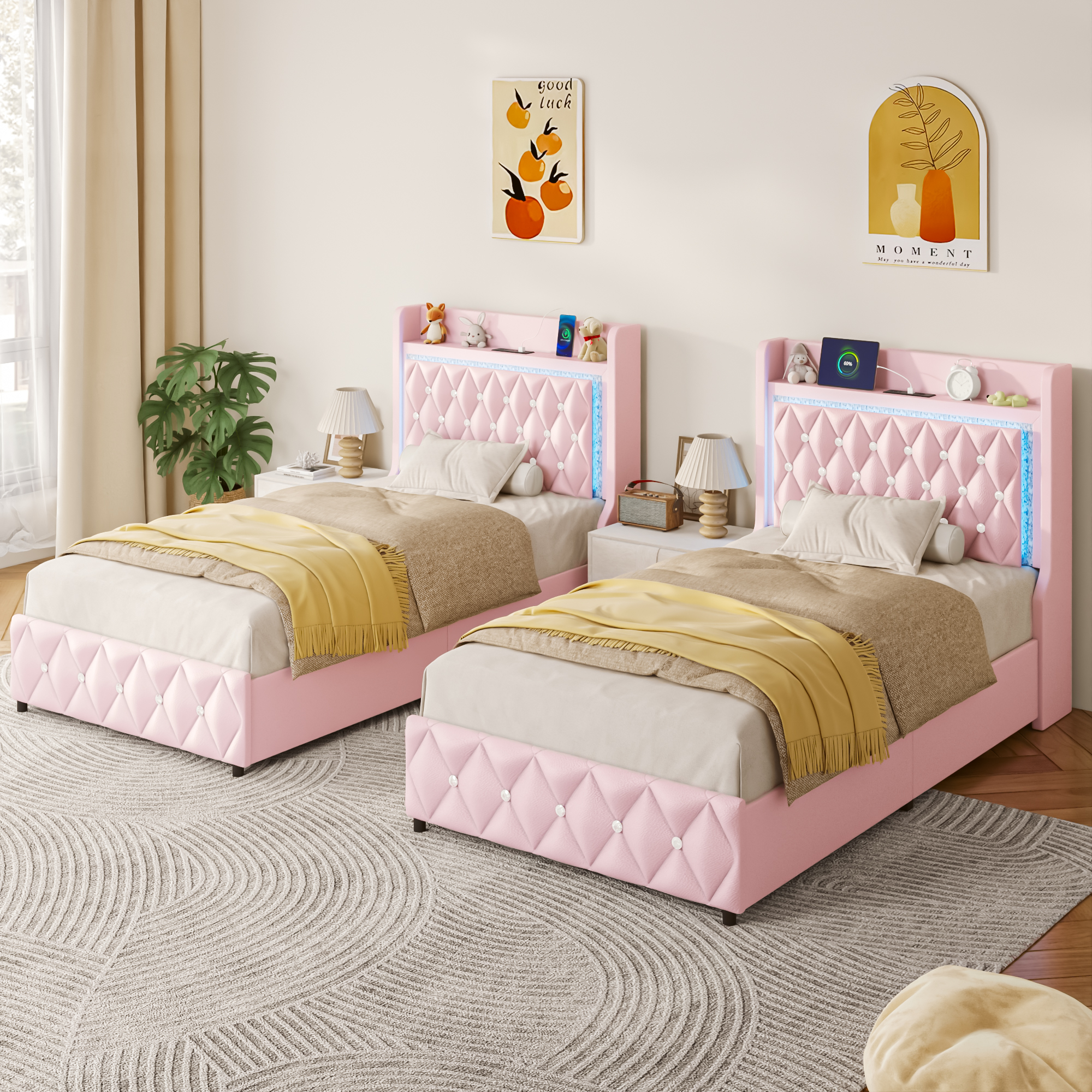 LED Bed Frame with Power Outlet & 4 Drawers, Upholstered PU Leather Platform Bed with Diamond Tufted Storage Headboard&Footboard, No Box Spring Needed, Noise Free