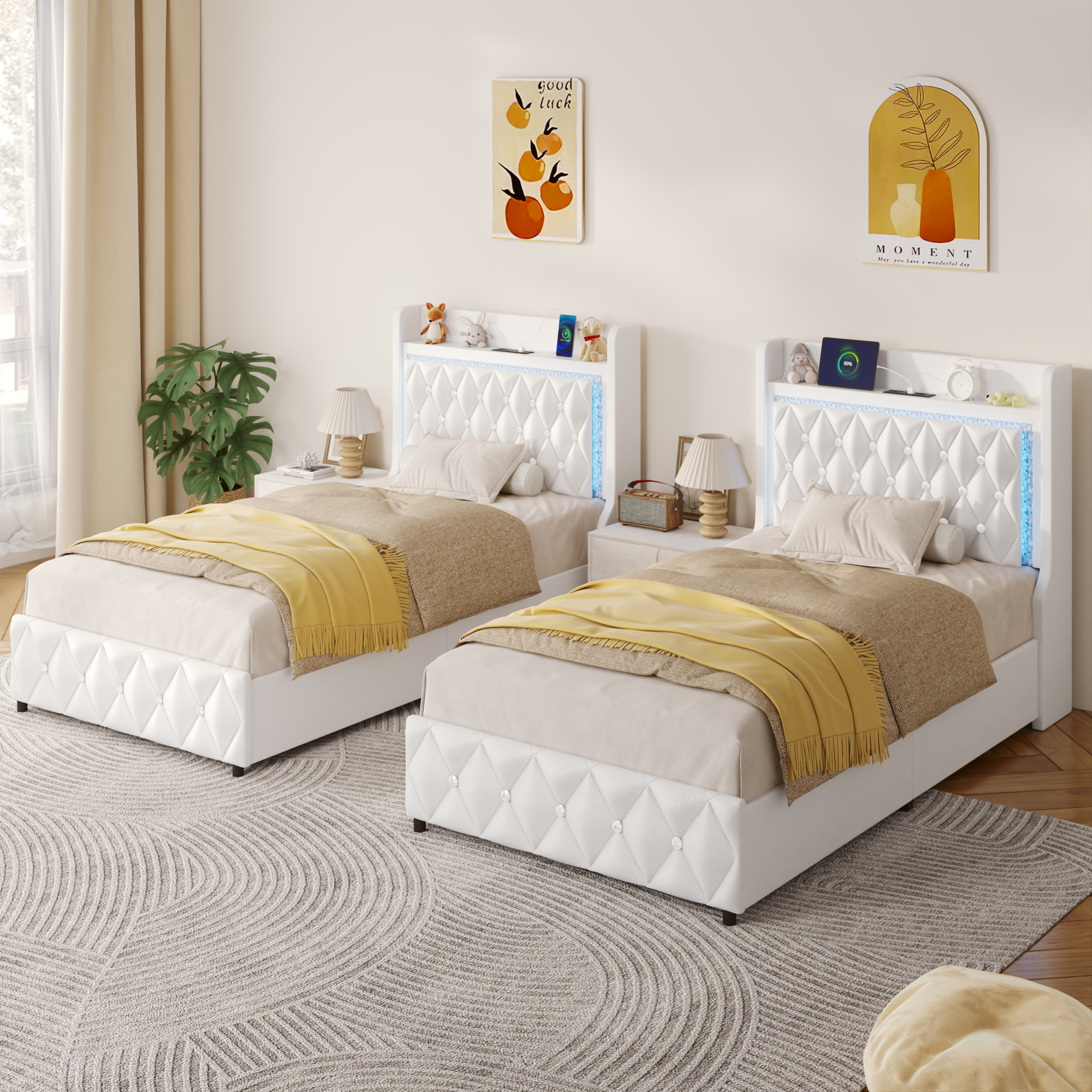 LED Bed Frame with Power Outlet & 4 Drawers, Upholstered PU Leather Platform Bed with Diamond Tufted Storage Headboard&Footboard, No Box Spring Needed, Noise Free