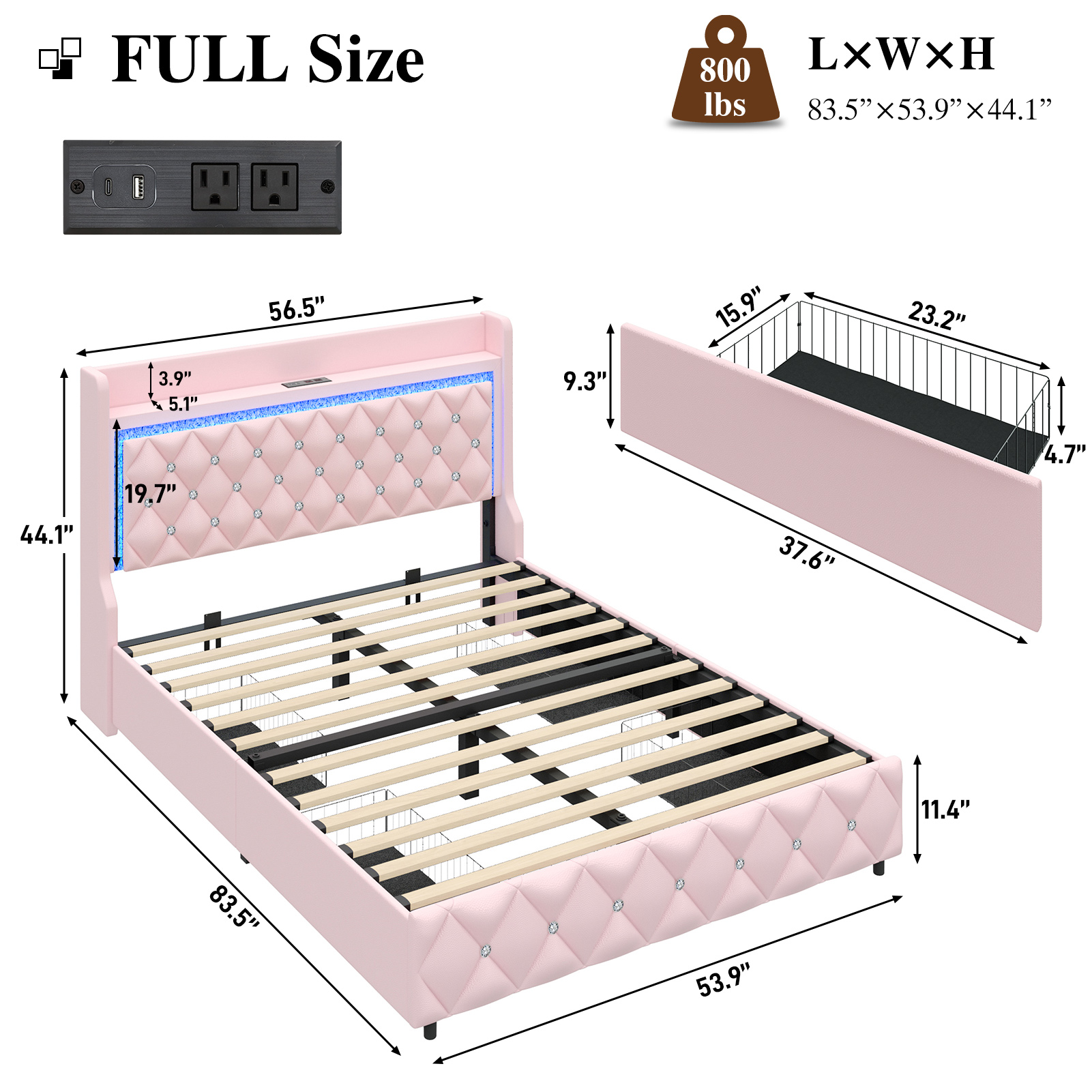 LED Bed Frame with Power Outlet & 4 Drawers, Upholstered PU Leather Platform Bed with Diamond Tufted Storage Headboard&Footboard, No Box Spring Needed, Noise Free